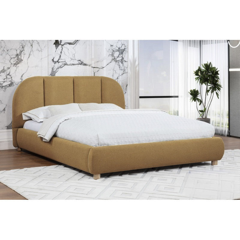 Modern Soft Burlap Fabric Queen Upholstered Platform Bed, Golden Brown