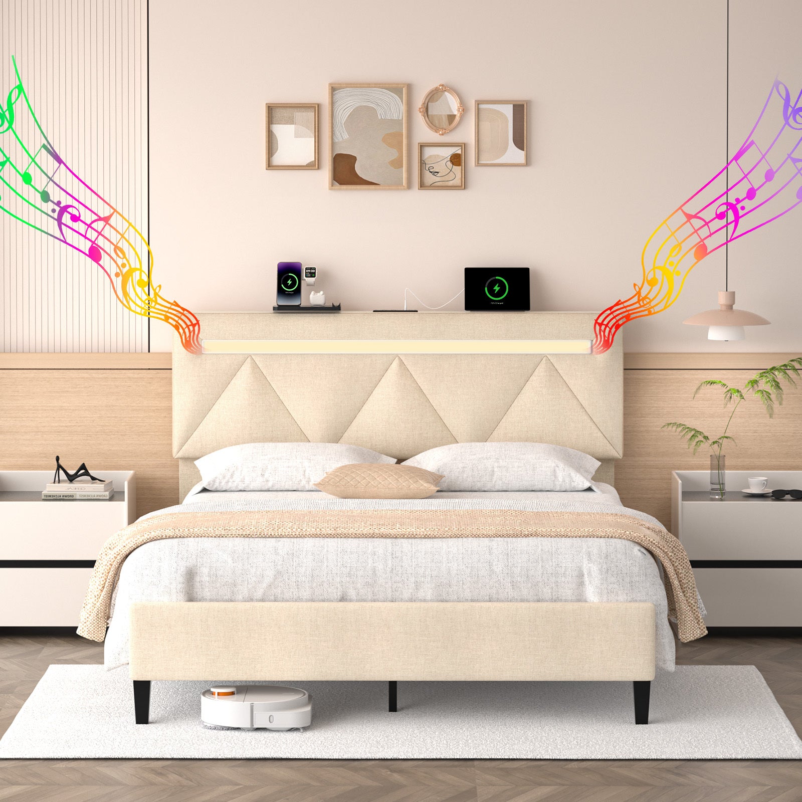 Full Upholstered Platform Bed Frame w/Headboard, LED & Charging Station