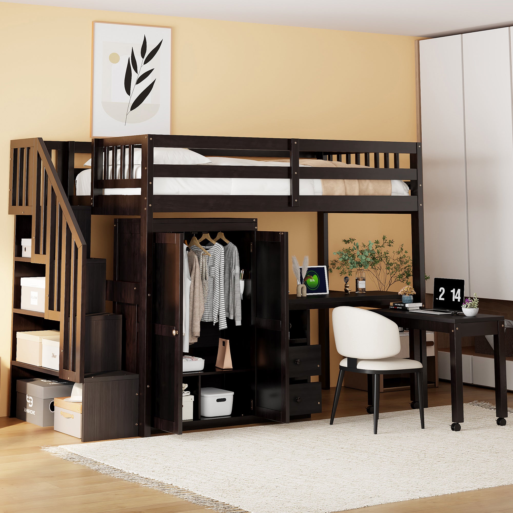 Twin Loft Bed with Stairs, Bookshelf, Drawers, Desk, Wardrobe Espresso