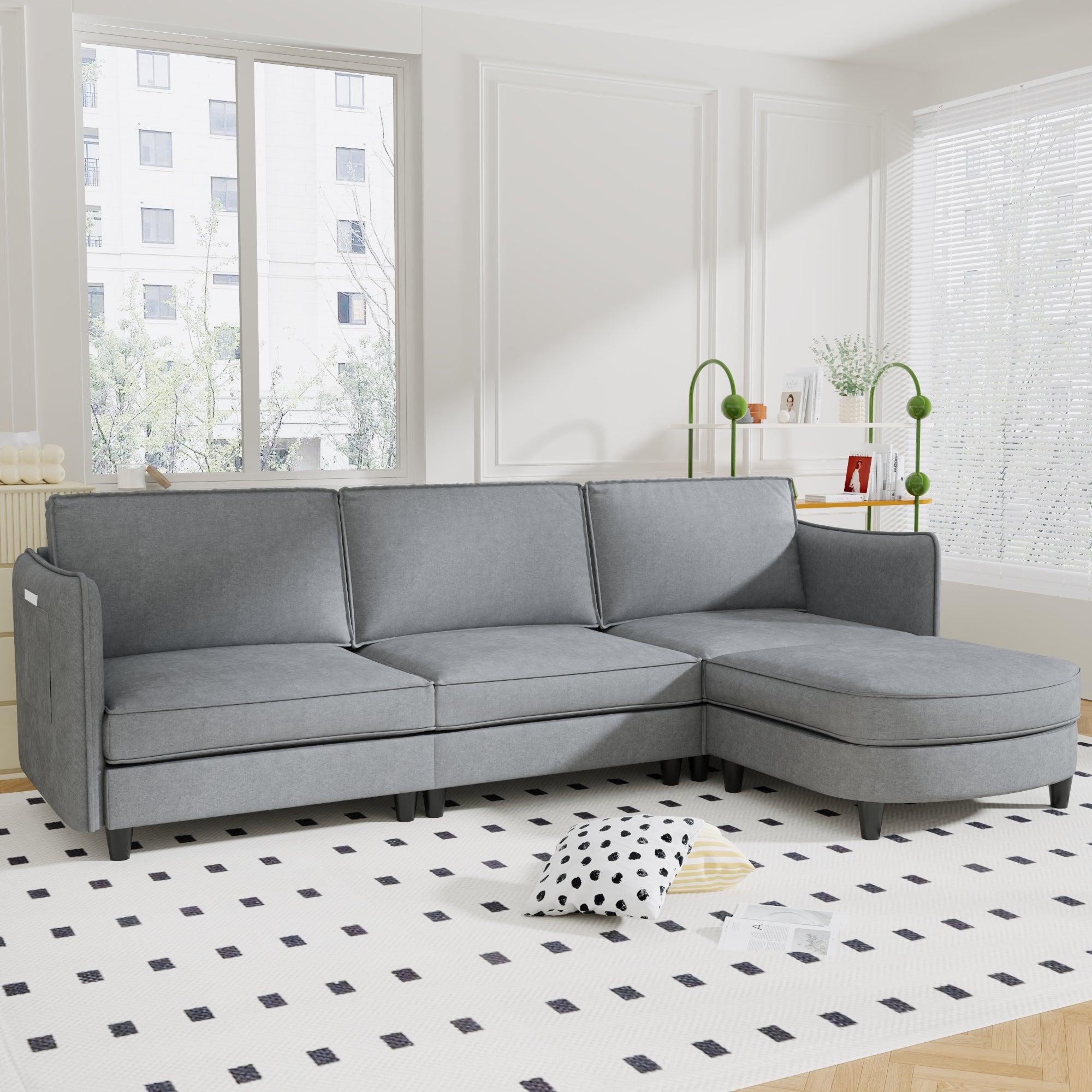 Modern Large L-Shaped Sofa w/ Movable Ottoman & Pockets