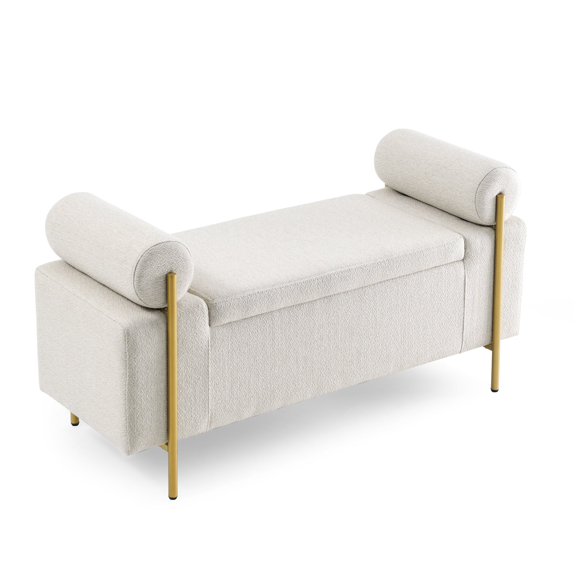 Elegant Beige Upholstered Linen Storage Bench Arms Iron Legs