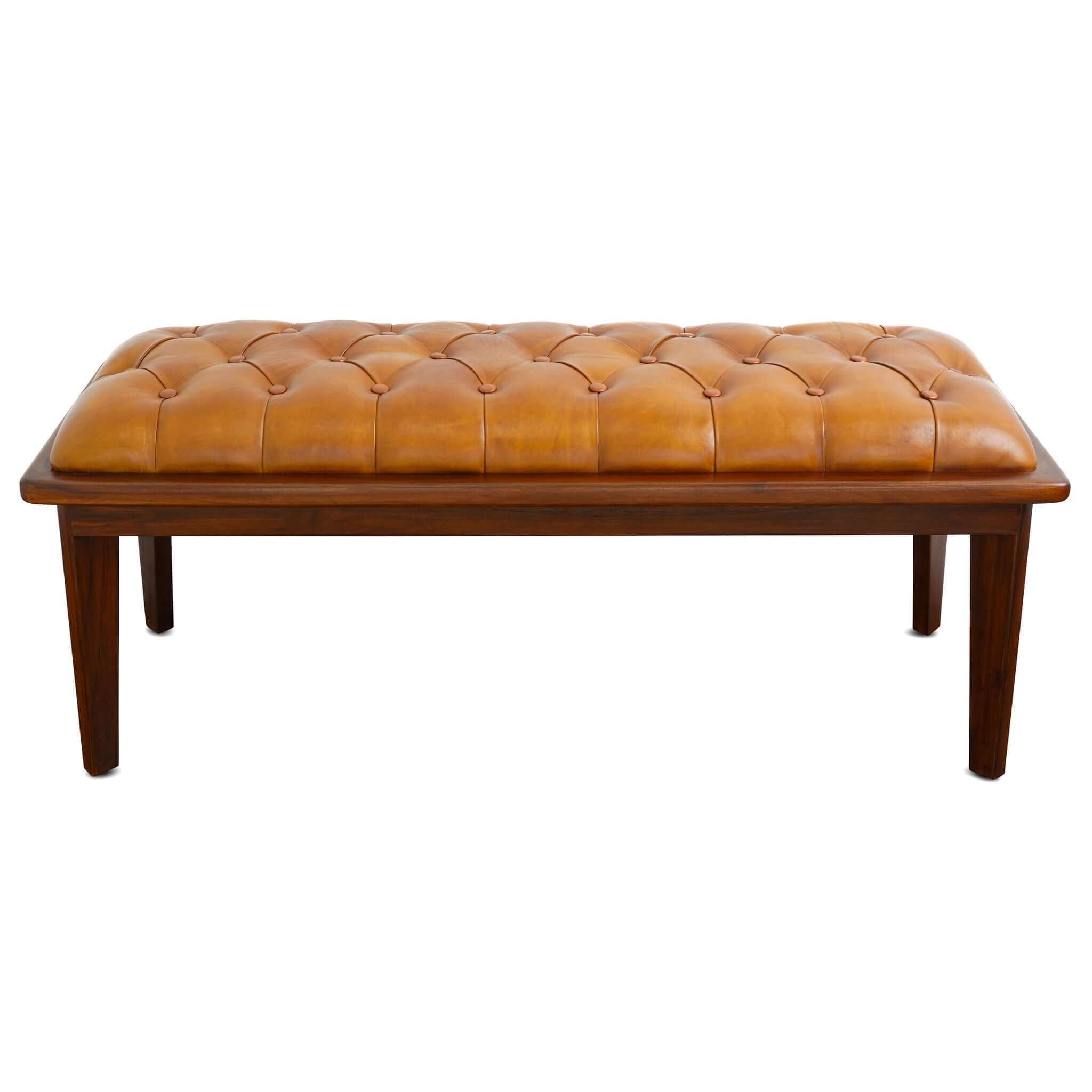 Arden Tan Leather Bench: Button-Tufted Leather Seating