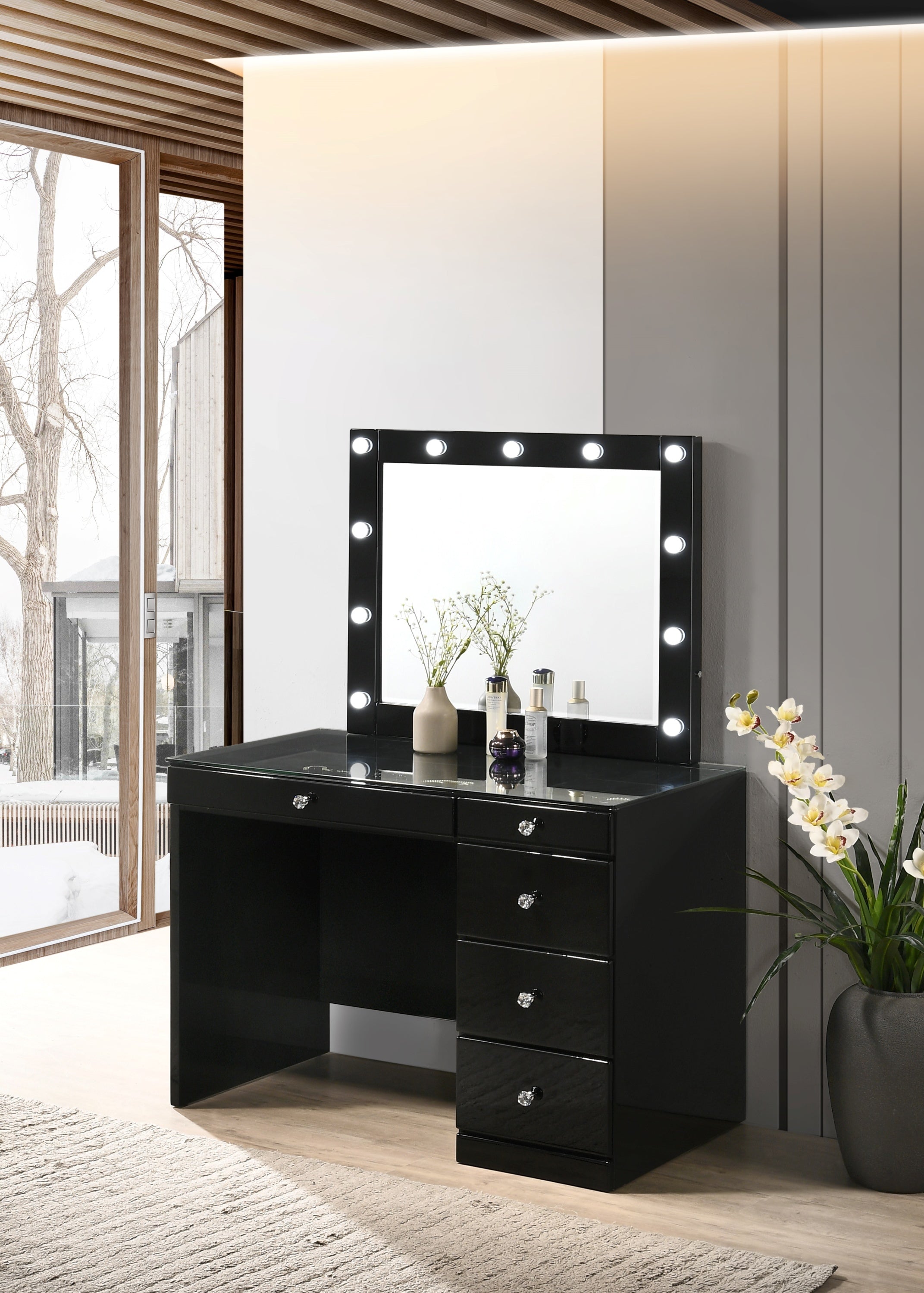 2pc Black LED Makeup Vanity Set: Glass Top, Mirror, 5 Drawers