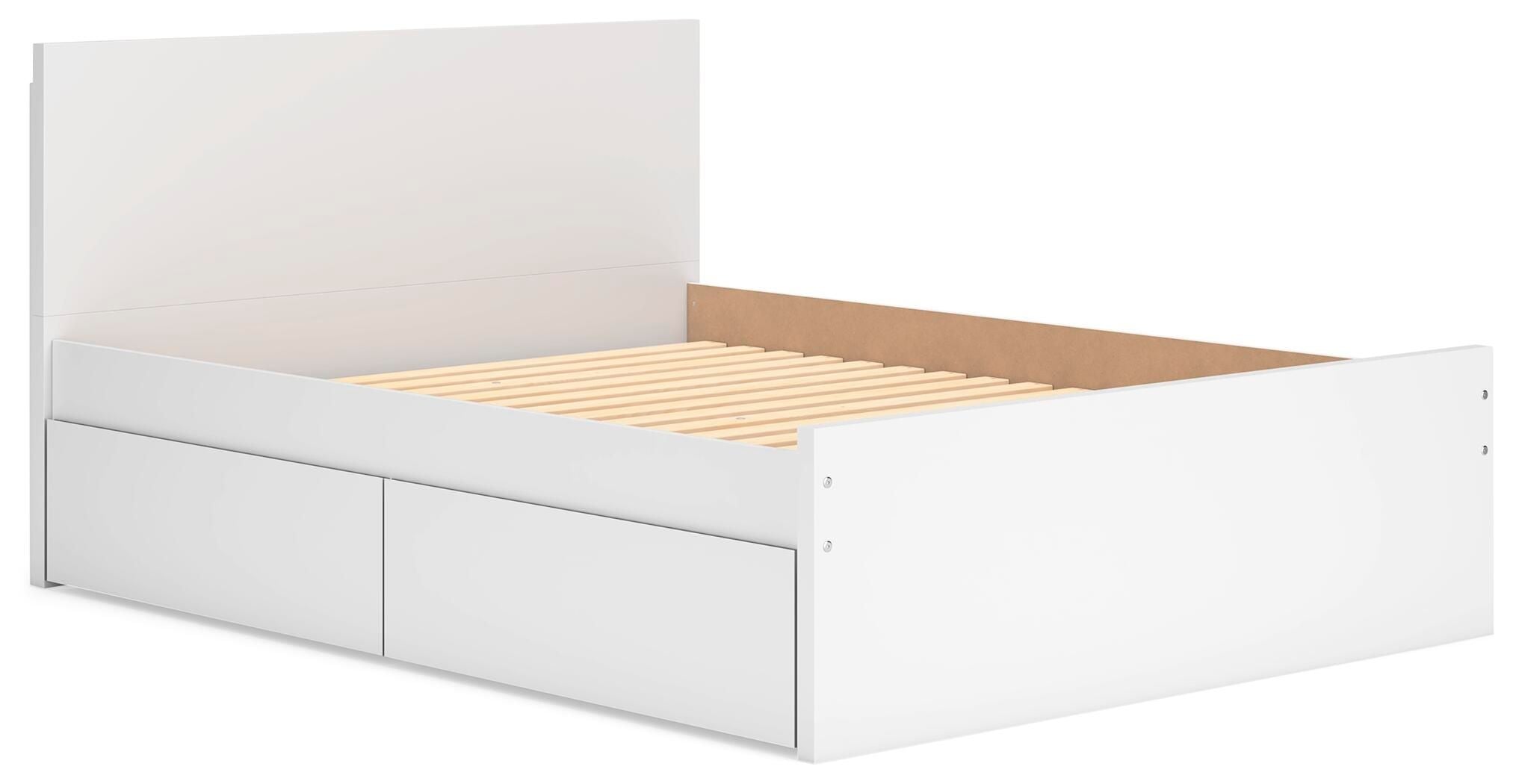 White panel platform bed with two front drawers and visible slat support
