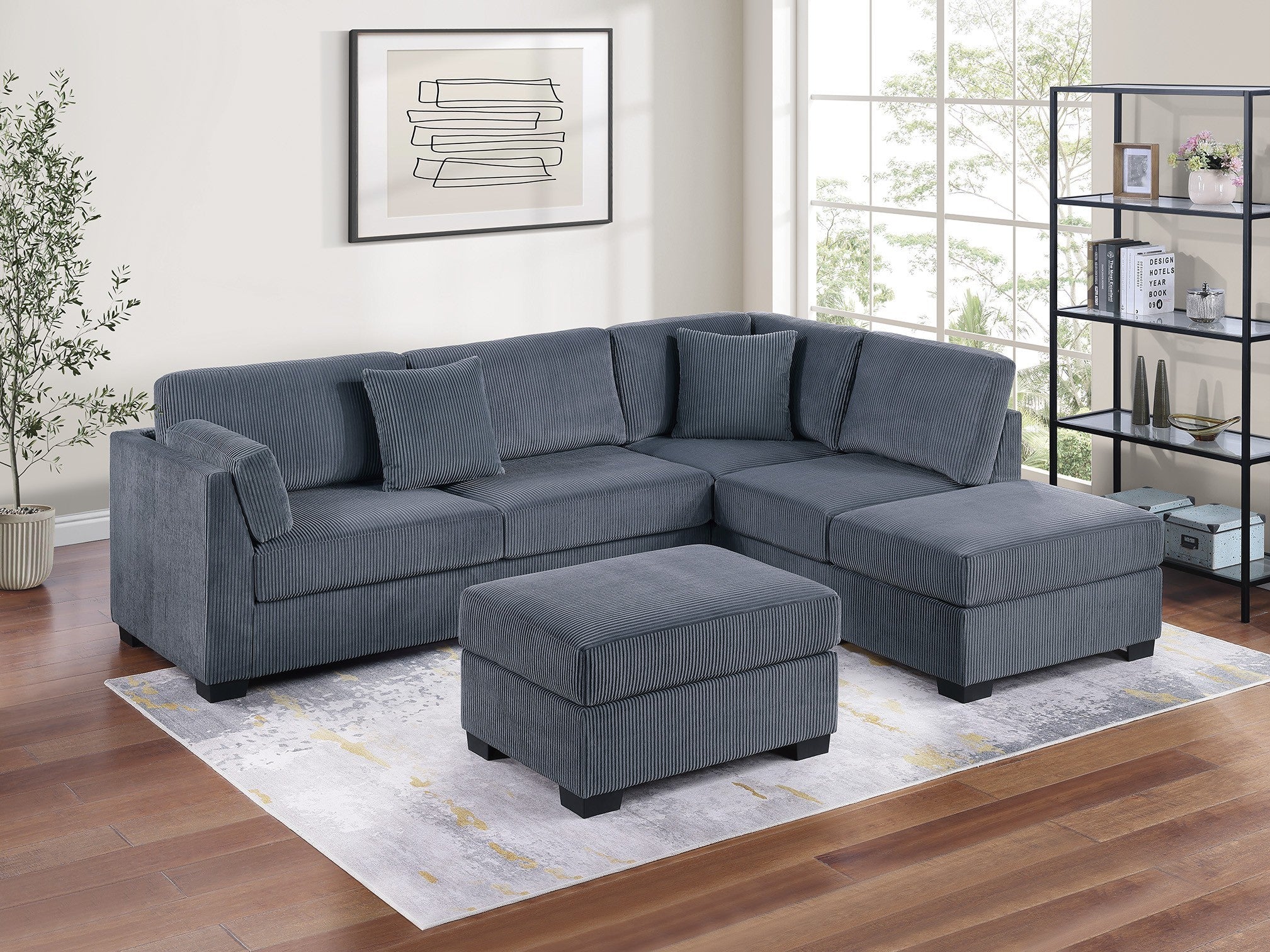 Contemporary Dark Gray Corduroy Sectional Sofa w/ Reversible Chaise