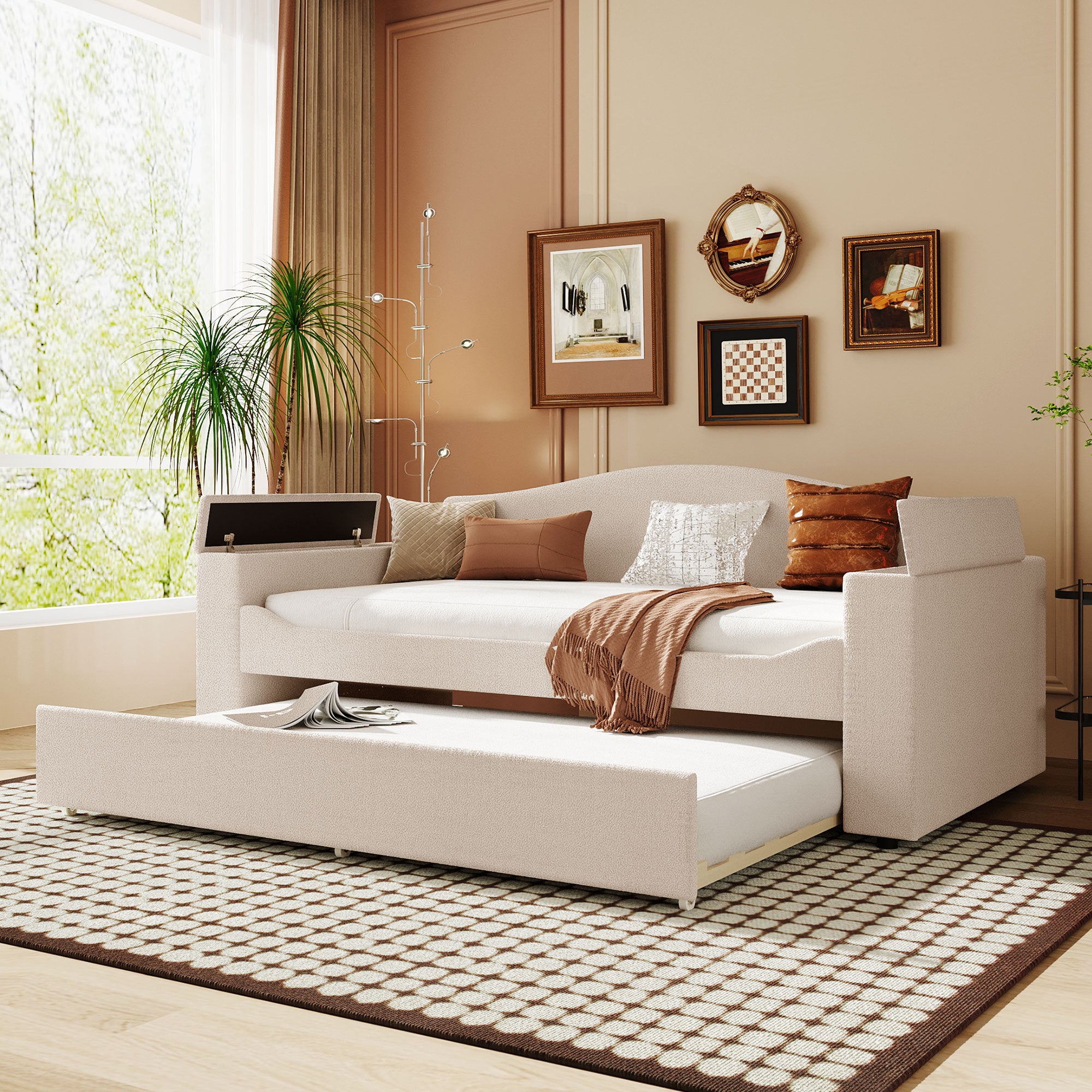 Twin Upholstered Daybed: Trundle, Storage, Bluetooth Audio, Beige Fleece
