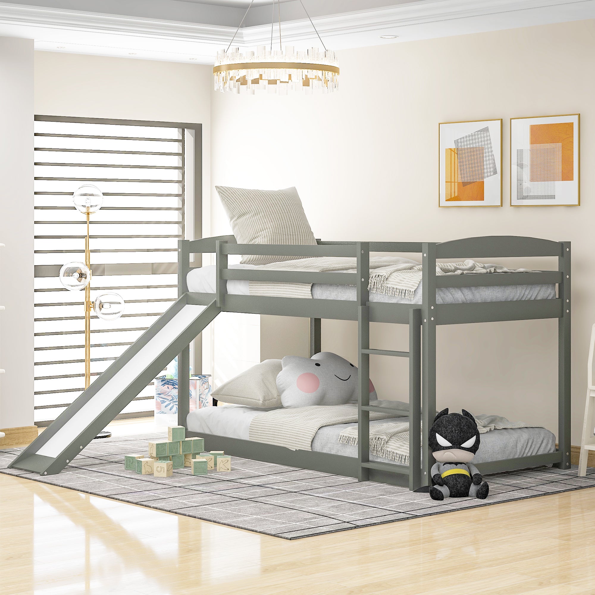 Twin Over Twin Bunk Bed with Convertible Slide & Ladder, Gray