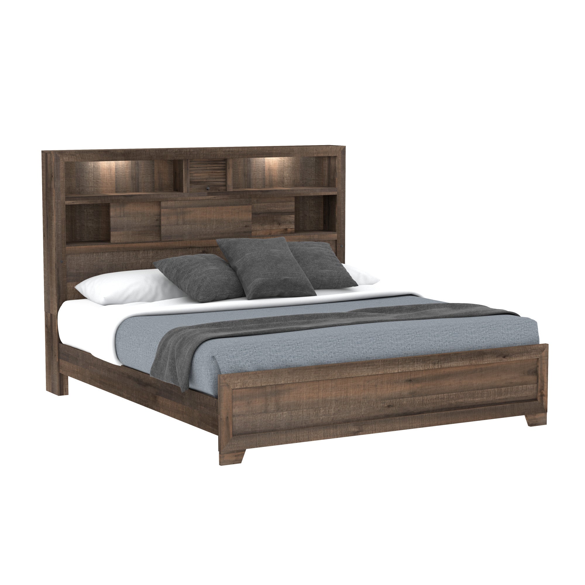 Brown Bookcase King Bed with Storage Headboard