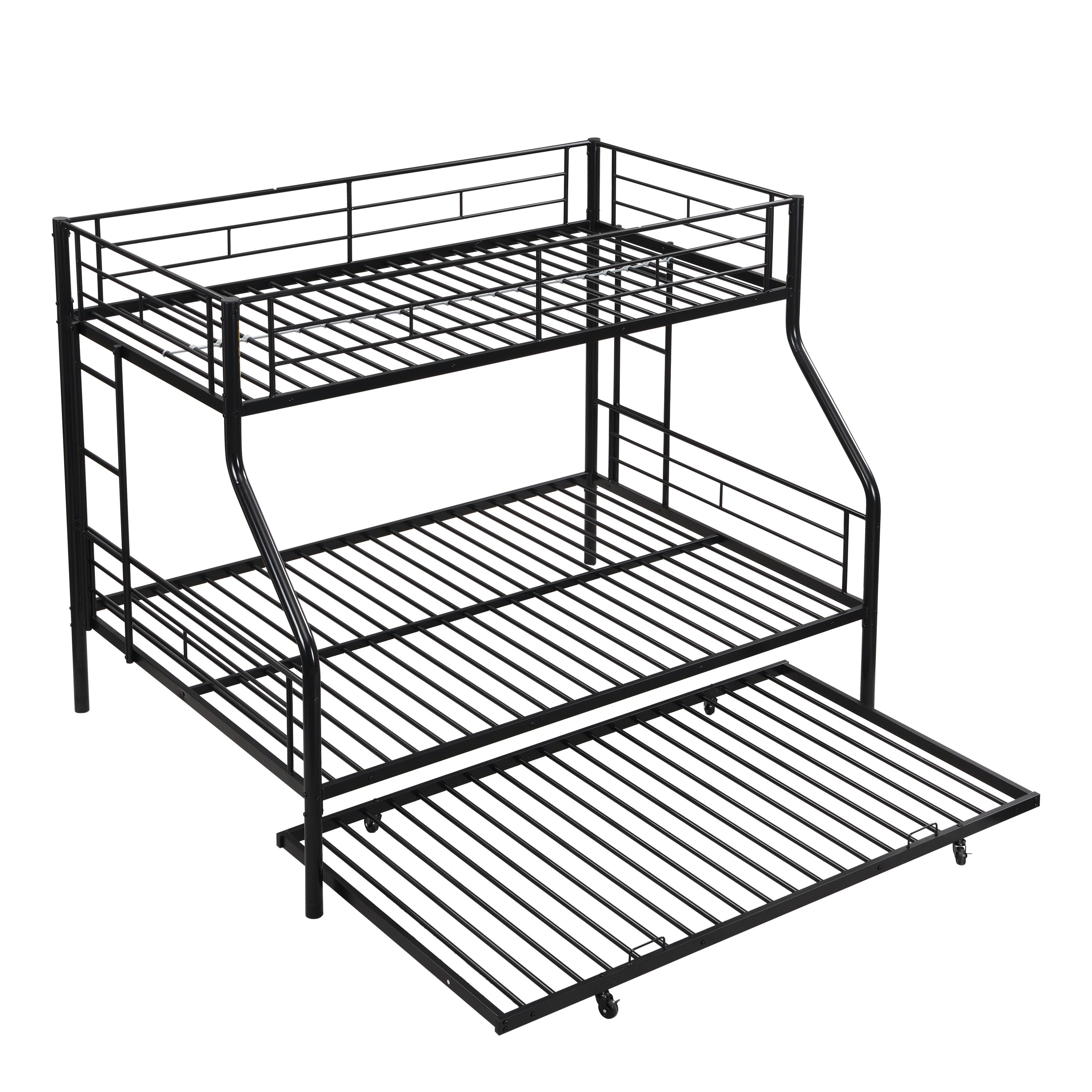 Modern Black Twin Over Full Metal Bunk Bed w/ Trundle, No Box Spring
