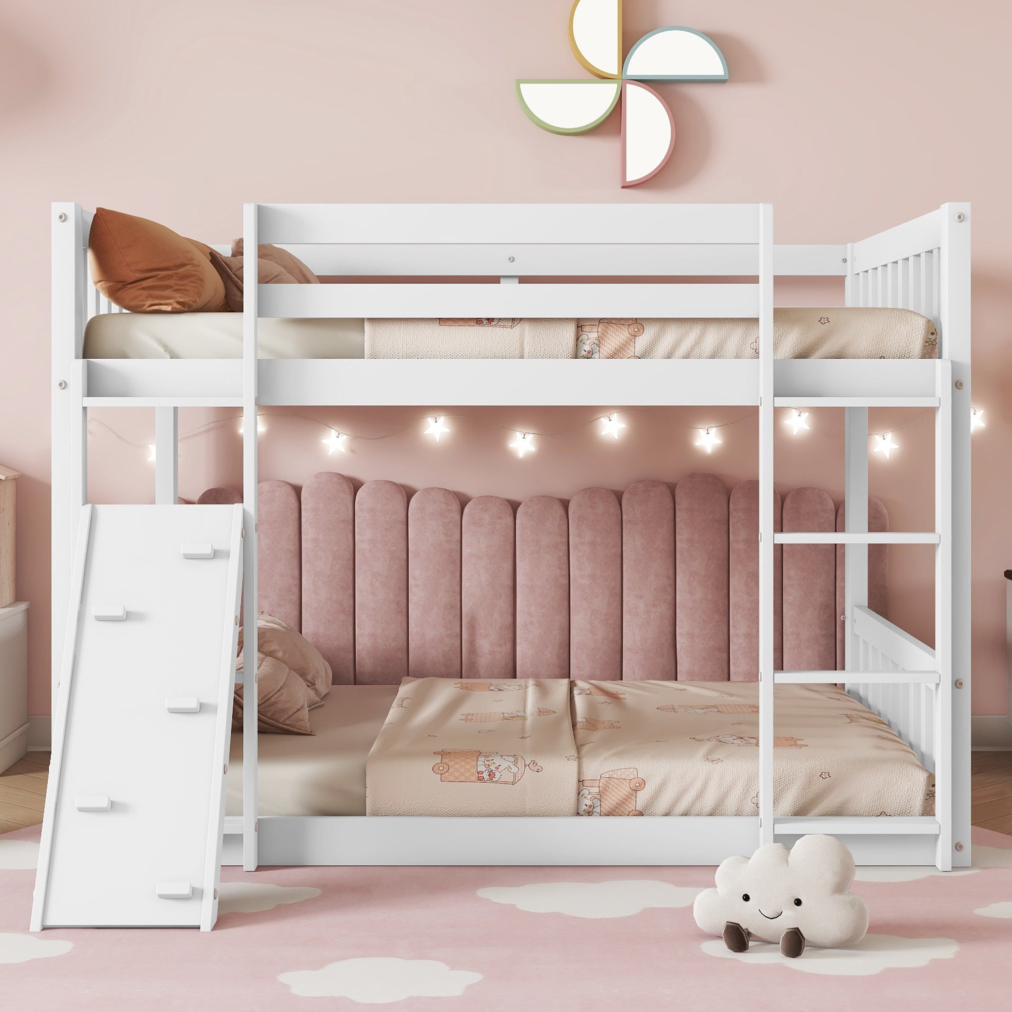 Twin Over Twin Playhouse Bunk Bed w/ Ramp, Ladder, Guardrails - White