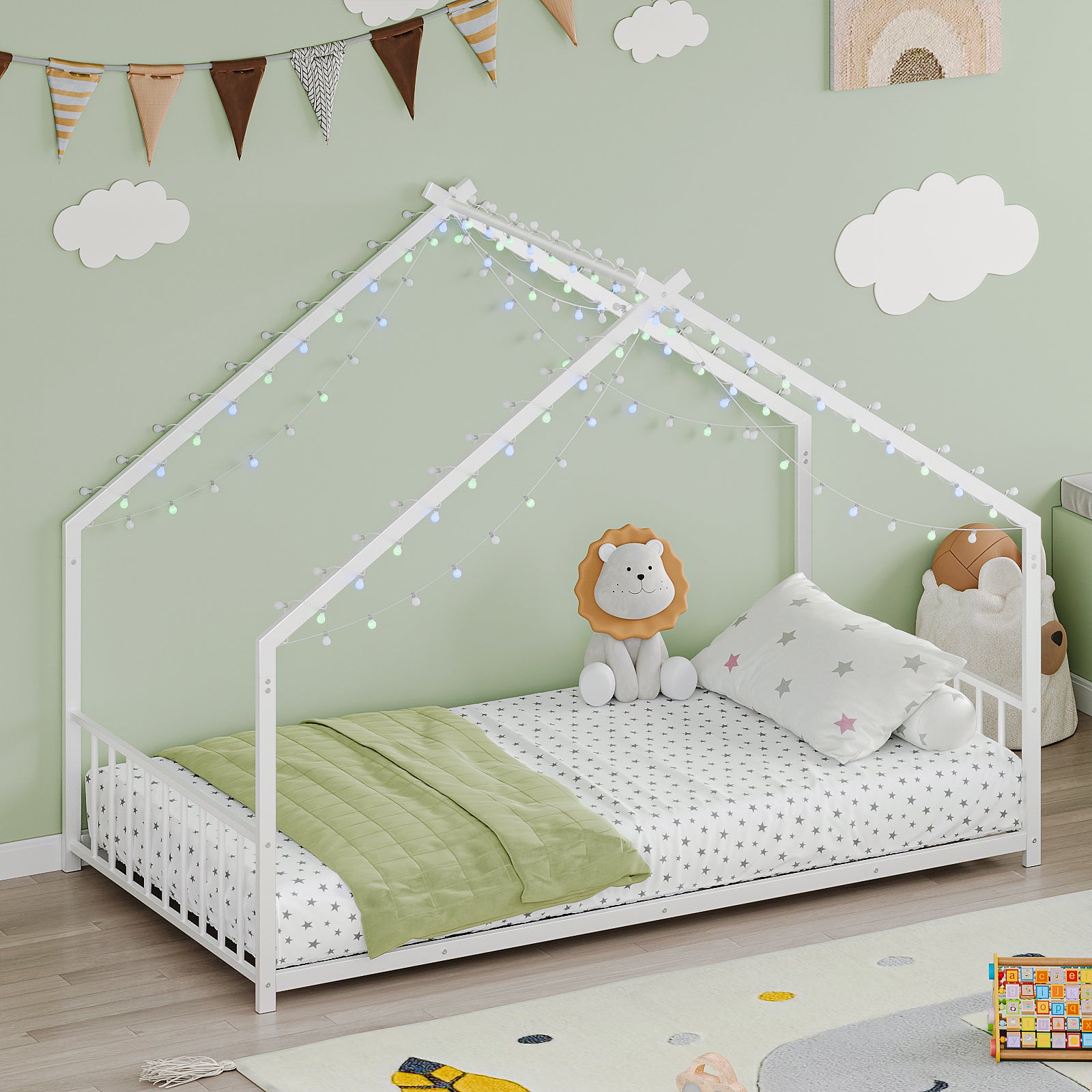 Twin Kids Bed Frame with LED Lights & Roof, White Metal - 78.5"L