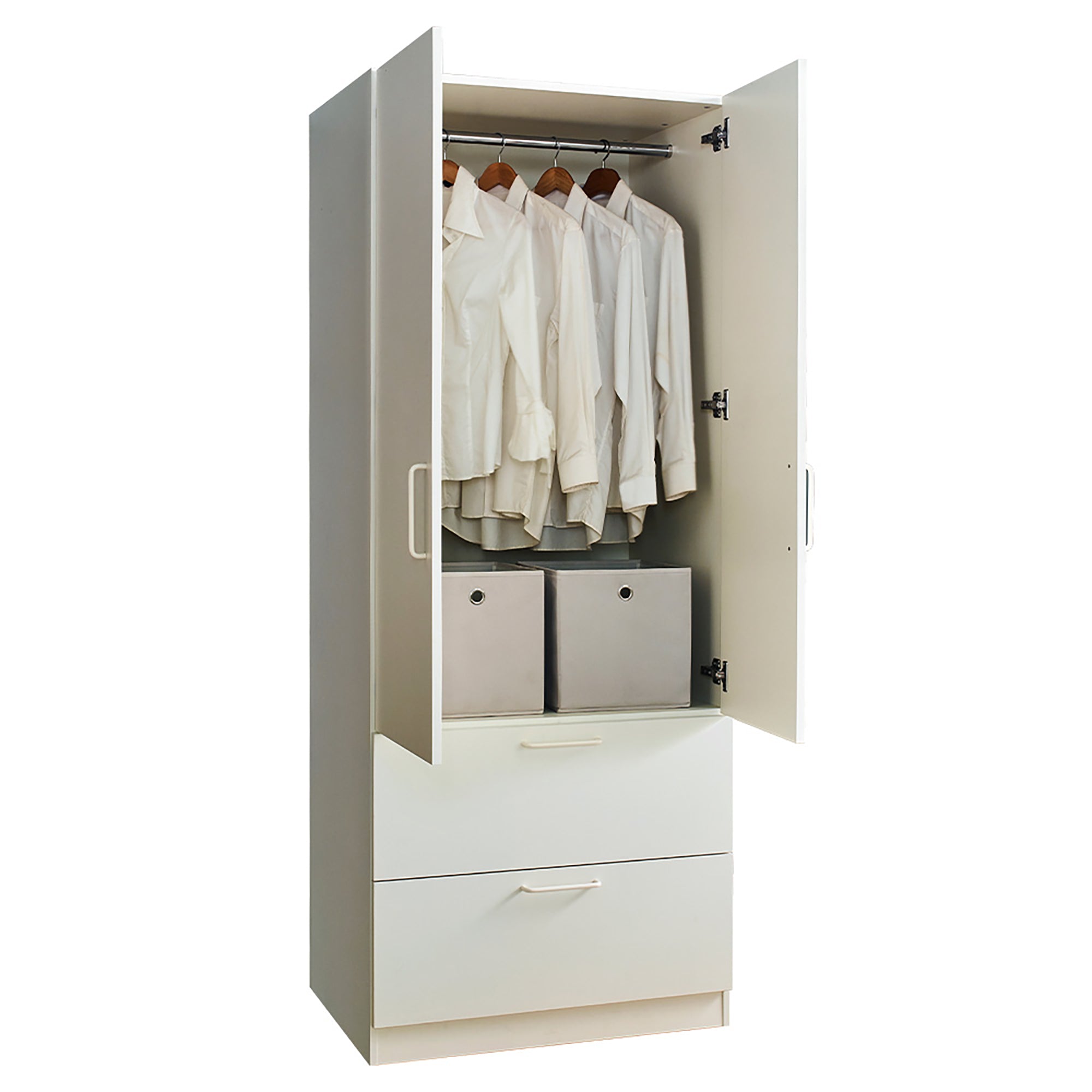 Emma White Solid Wood Closet: 2 Doors, 2 Drawers, Hanging Bar