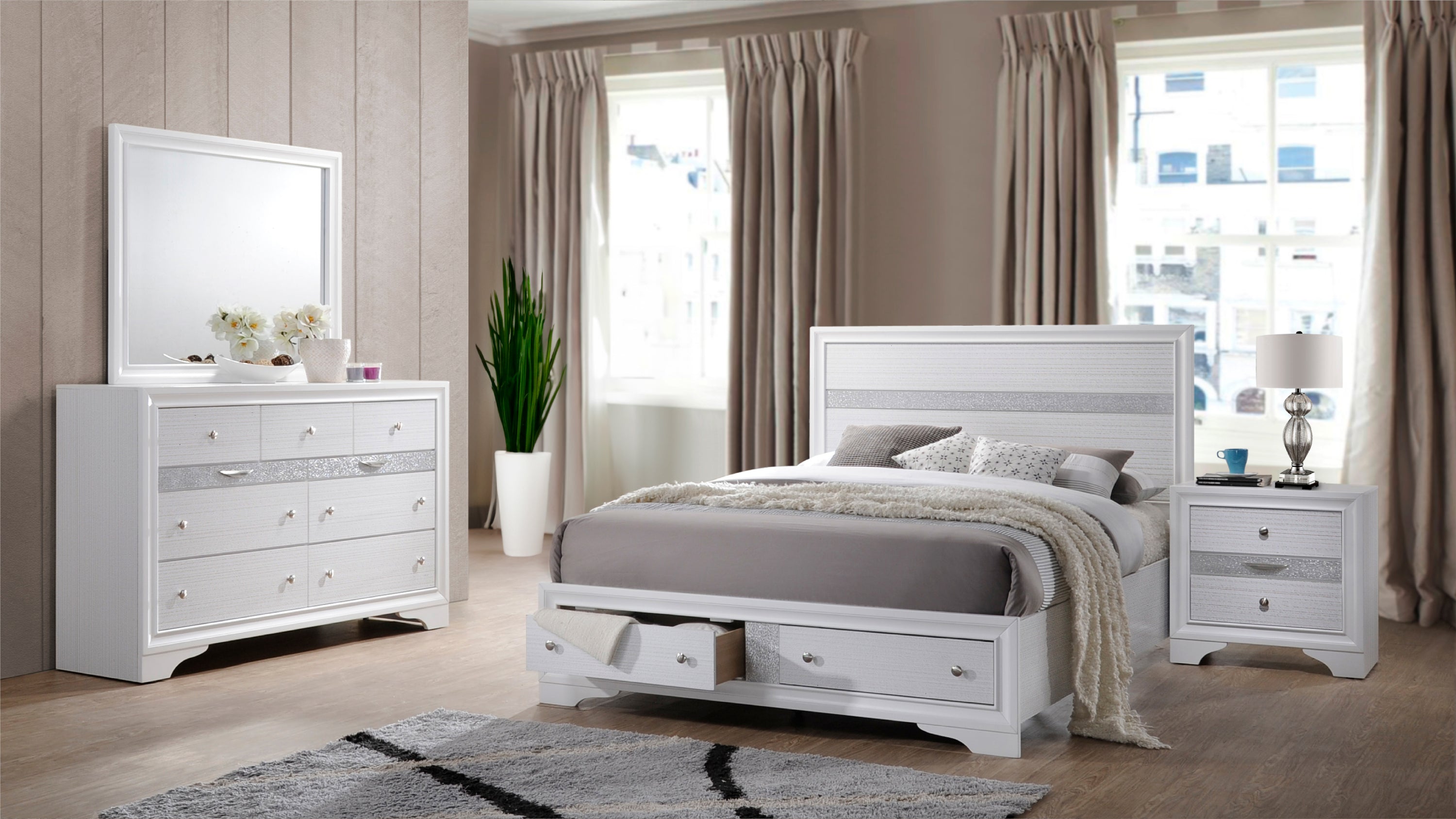 Traditional White Wood Queen 4-Piece Storage Bedroom Set