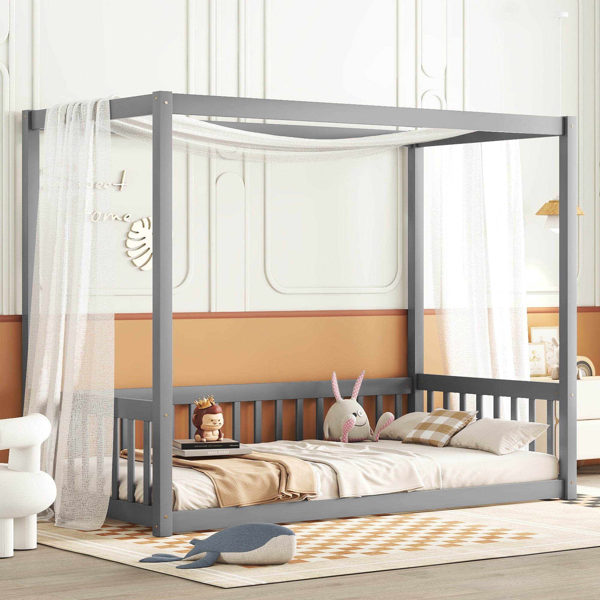 Twin Canopy Bed w/Guardrails & Fence, Grey