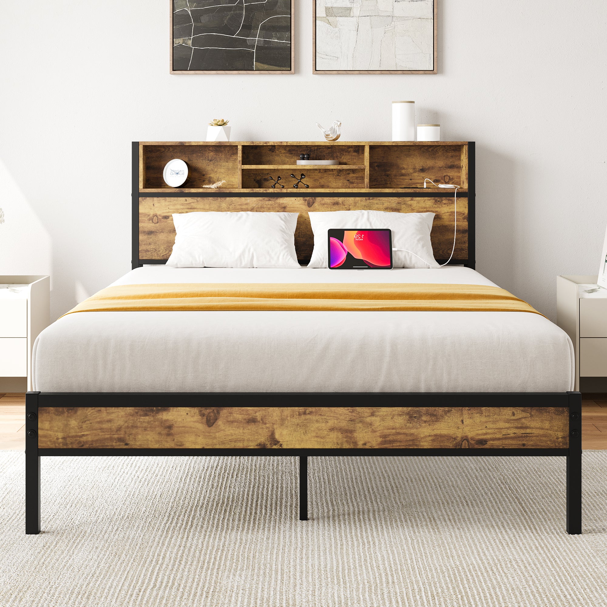 Full Size Metal Bed Frame w/ Storage Headboard, Charging, No Box Spring