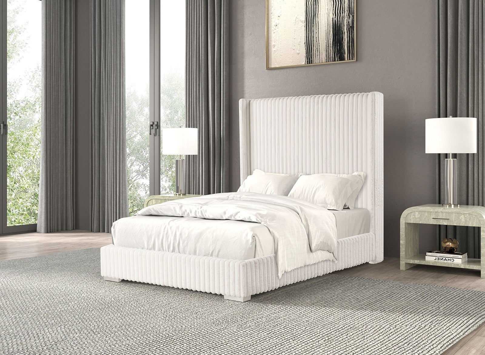 White Contemporary Queen Bed | Fur Chenille Fabric, Mattress Ready