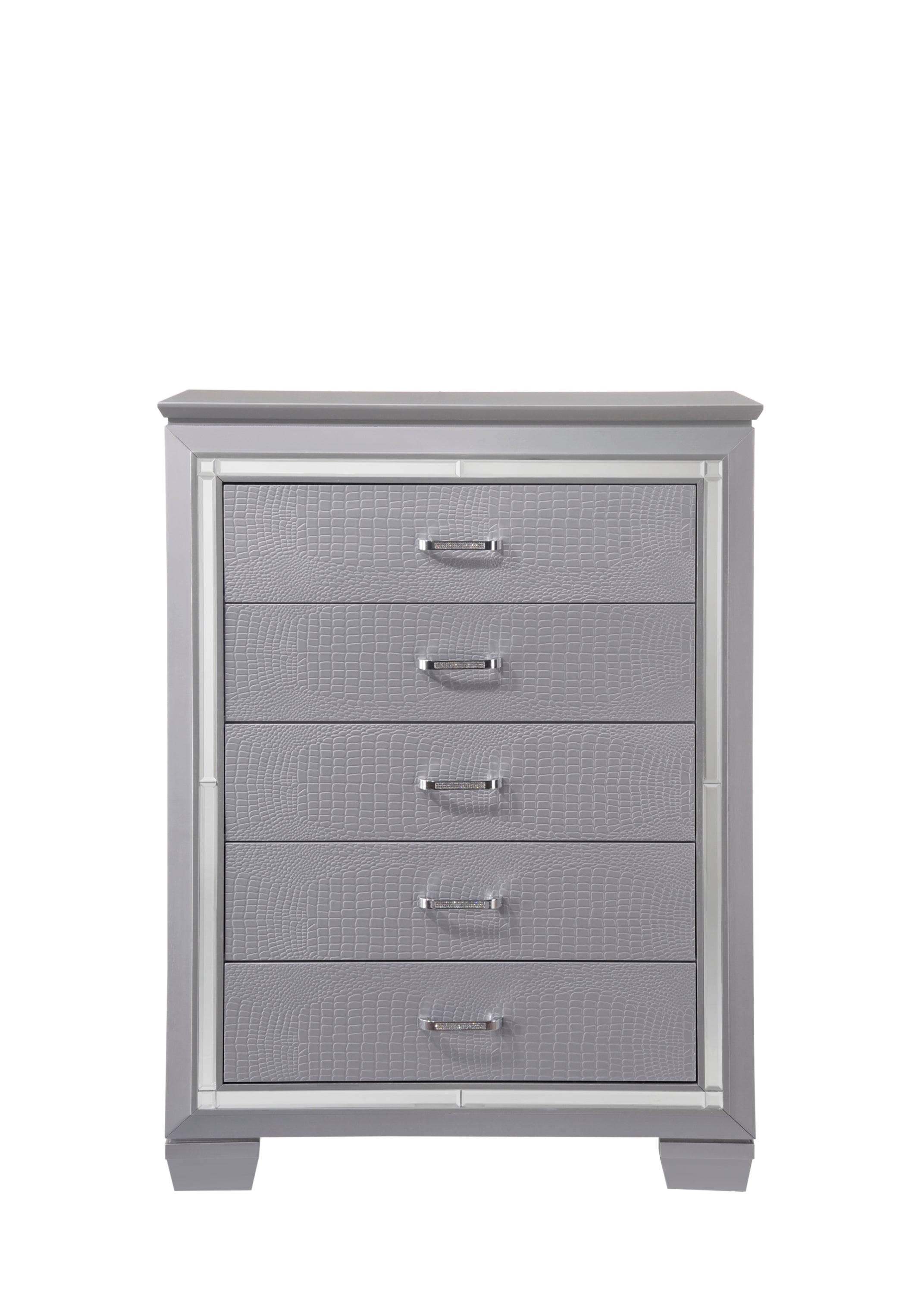 Silver Modern 5-Drawer Tall Chest Mirror & Crystal