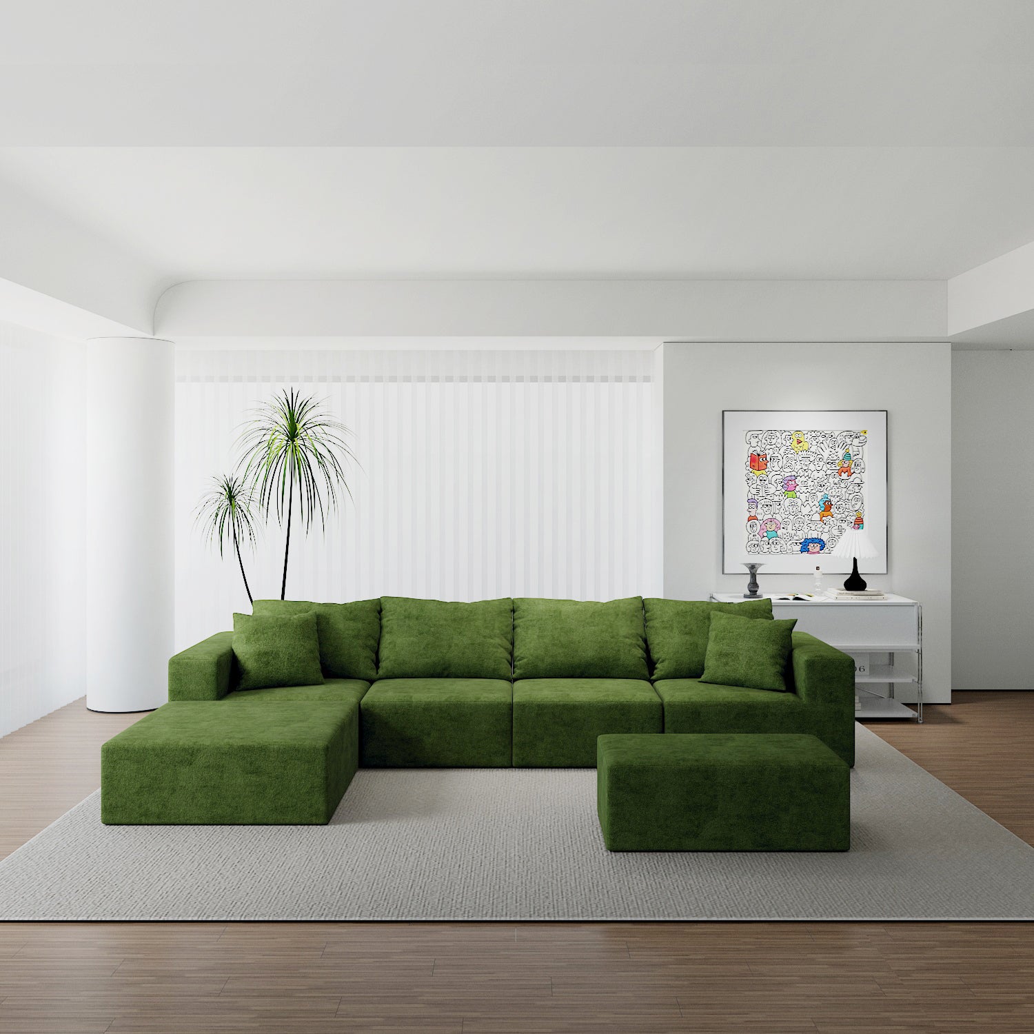Green Modular Sectional Sofa with Ottomans & Chaise
