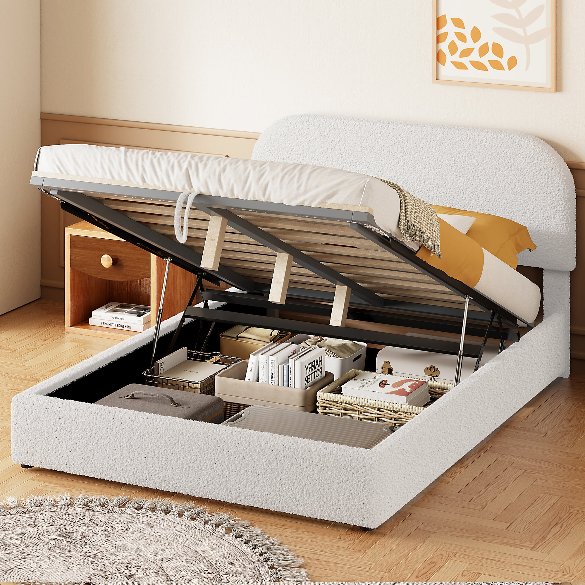 White Teddy Fleece Full Platform Bed with Hydraulic Storage