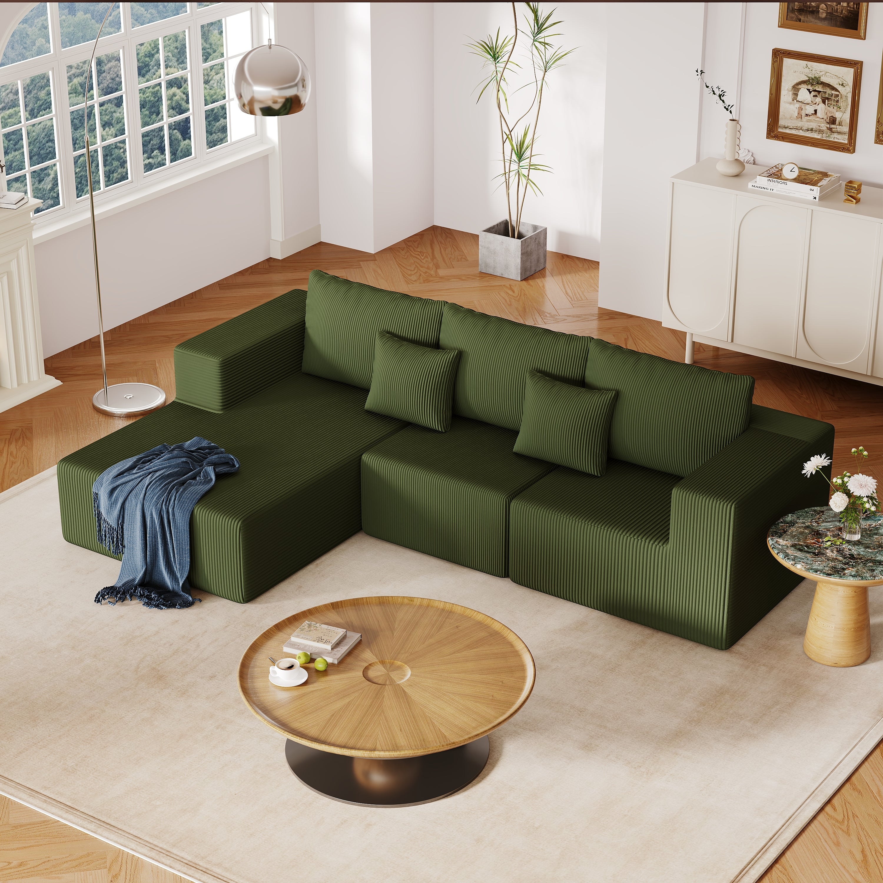 108.3' Green Corduroy Sectional Sofa Couch with Chaise Lounge
