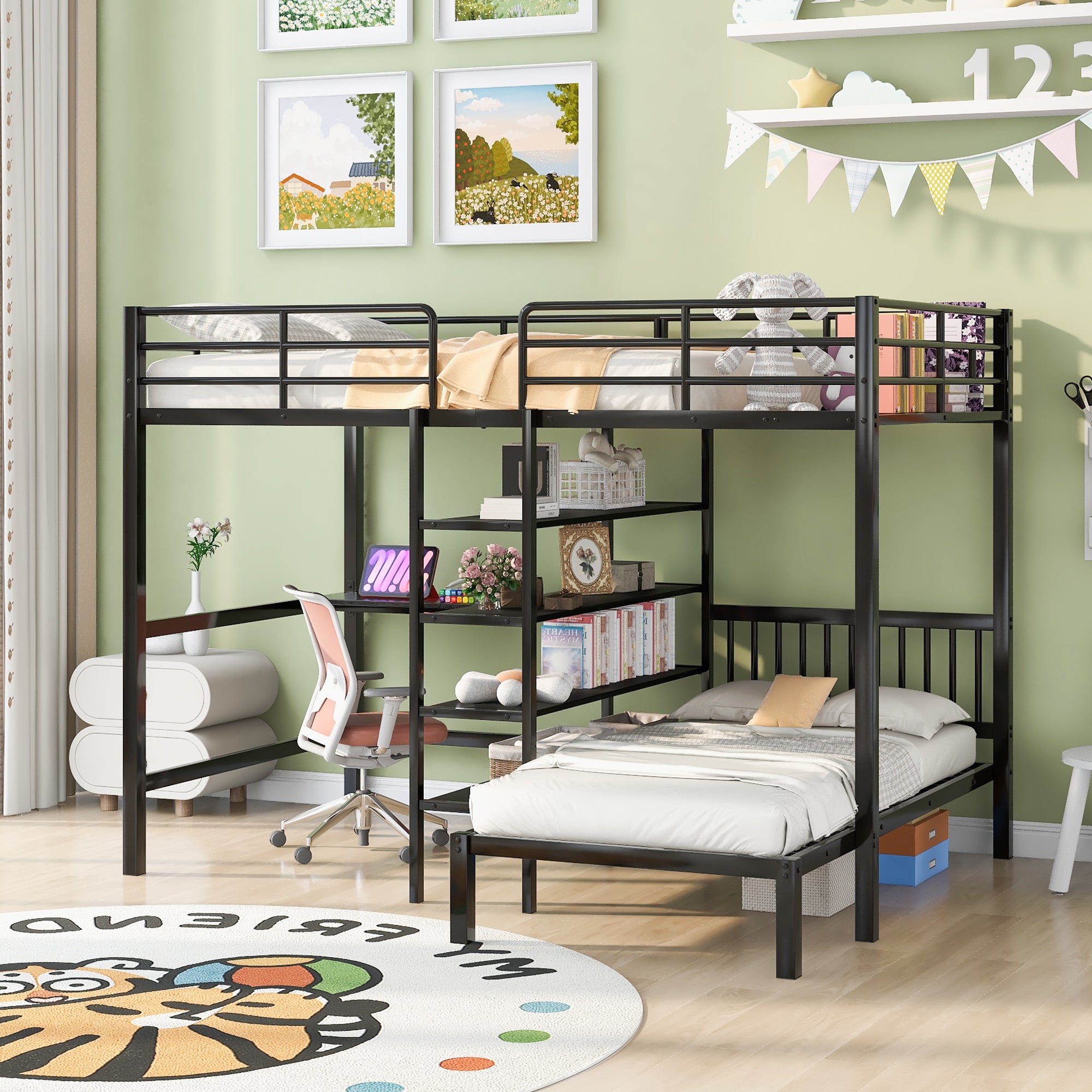 Black Full Over Twin Metal Bunk Bed with Desk, Shelves & Ladder