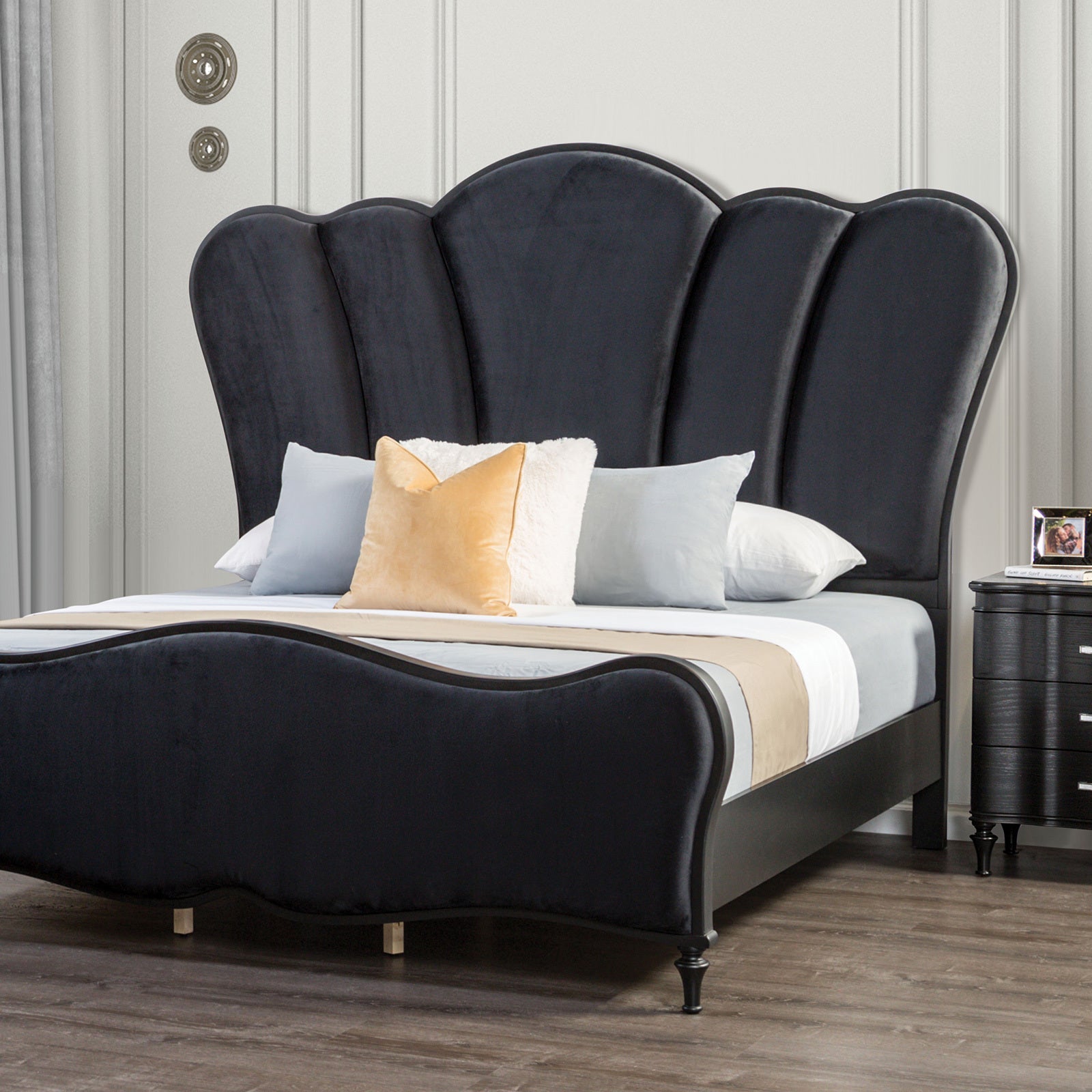 Glam Black Fabric Eastern King Bed: Padded Channel Headboard