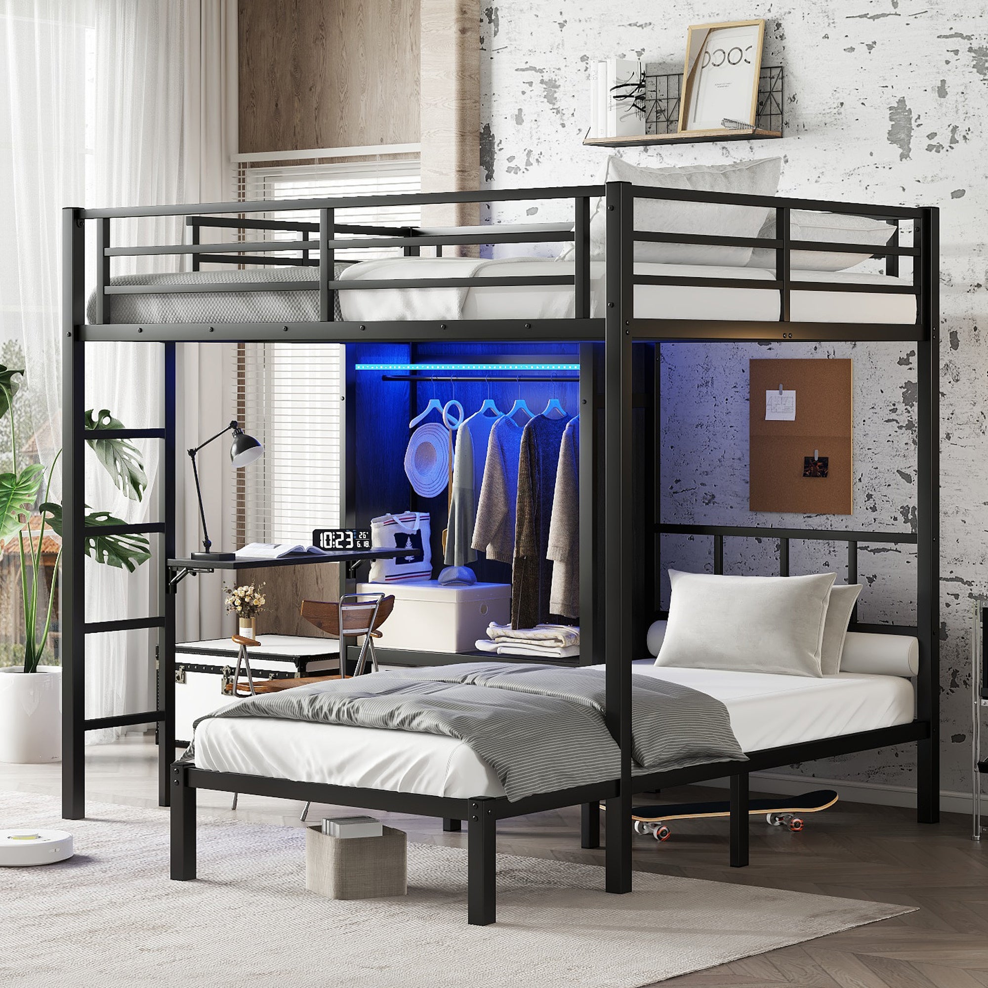 Black Full XL Over Twin Metal Bunk Bed: Desk, LED Closet, Space-Saving