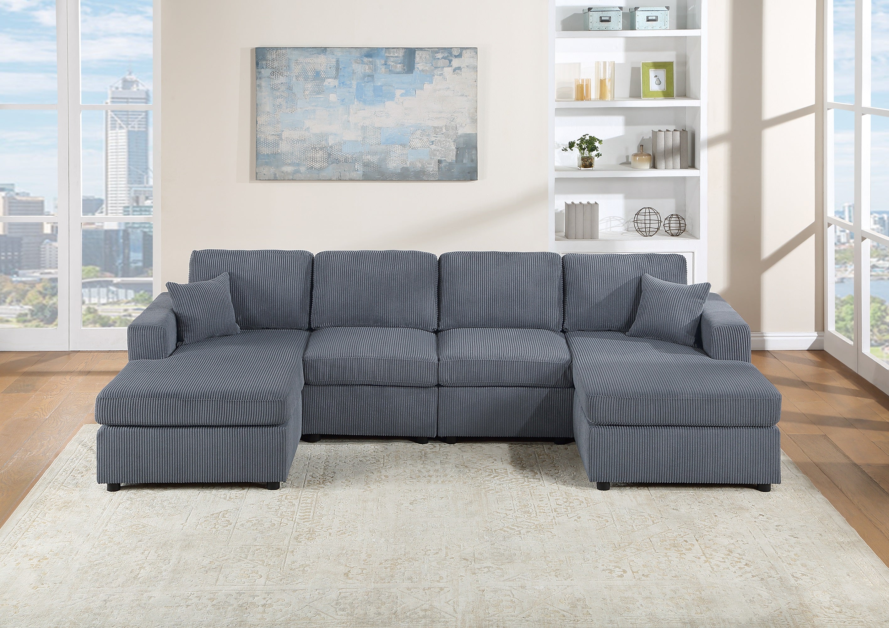 Modern Dark Gray Corduroy 2pc Sectional Couch Set Furniture