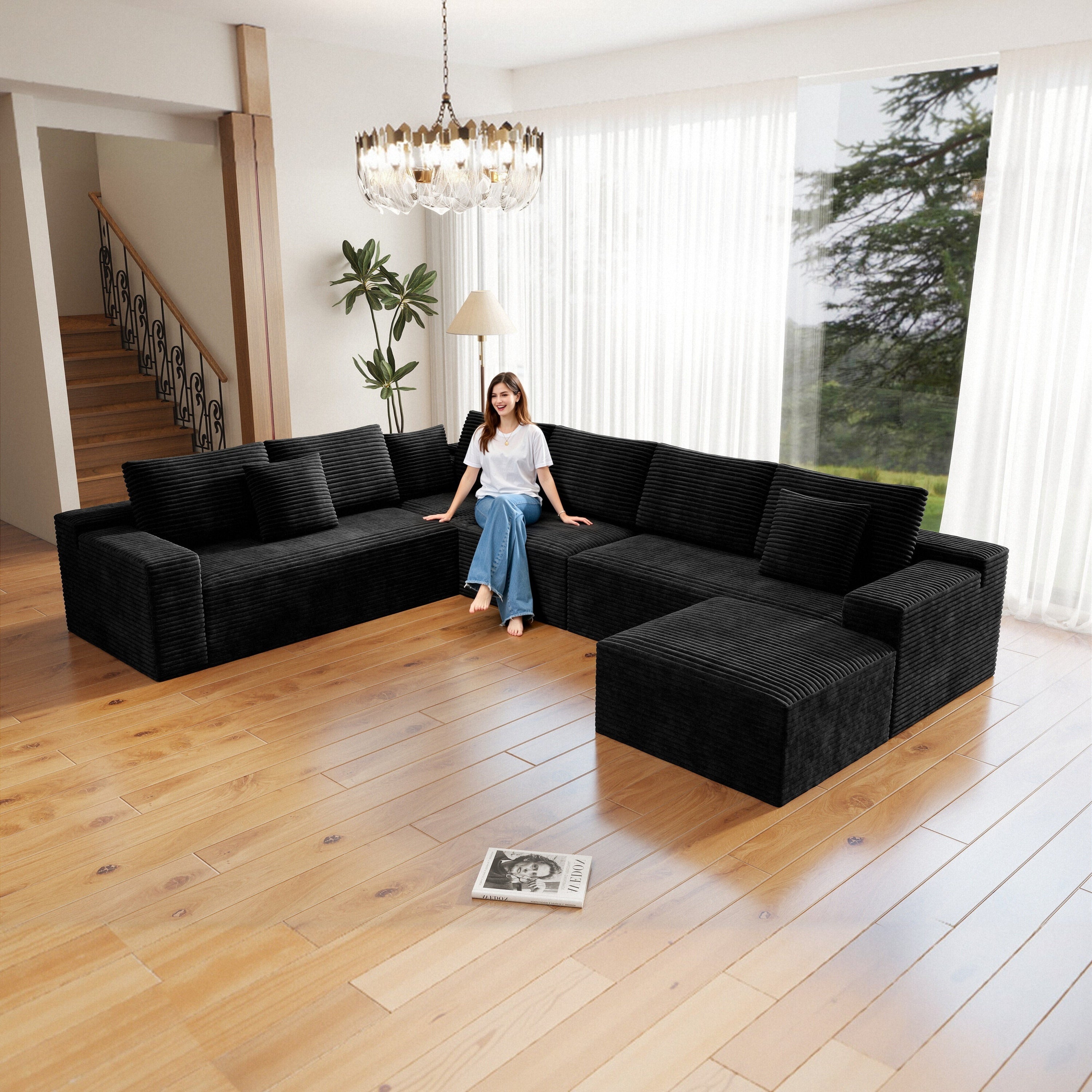 Black Modular Corduroy Sectional Sofa - No Assembly 4PC
