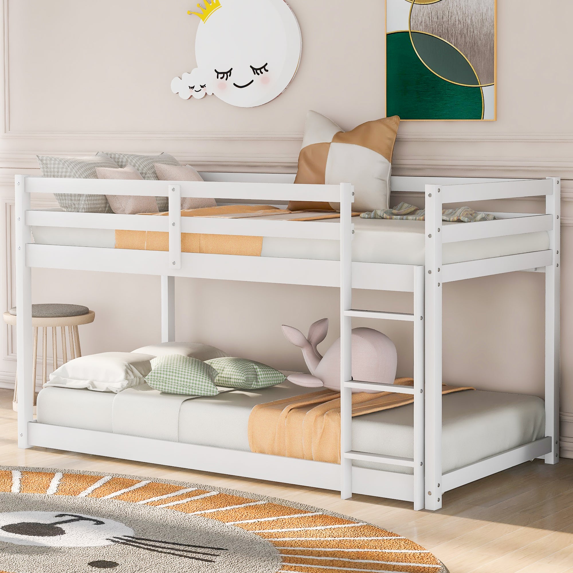 Twin over Twin White Floor Bunk Bed with Ladder