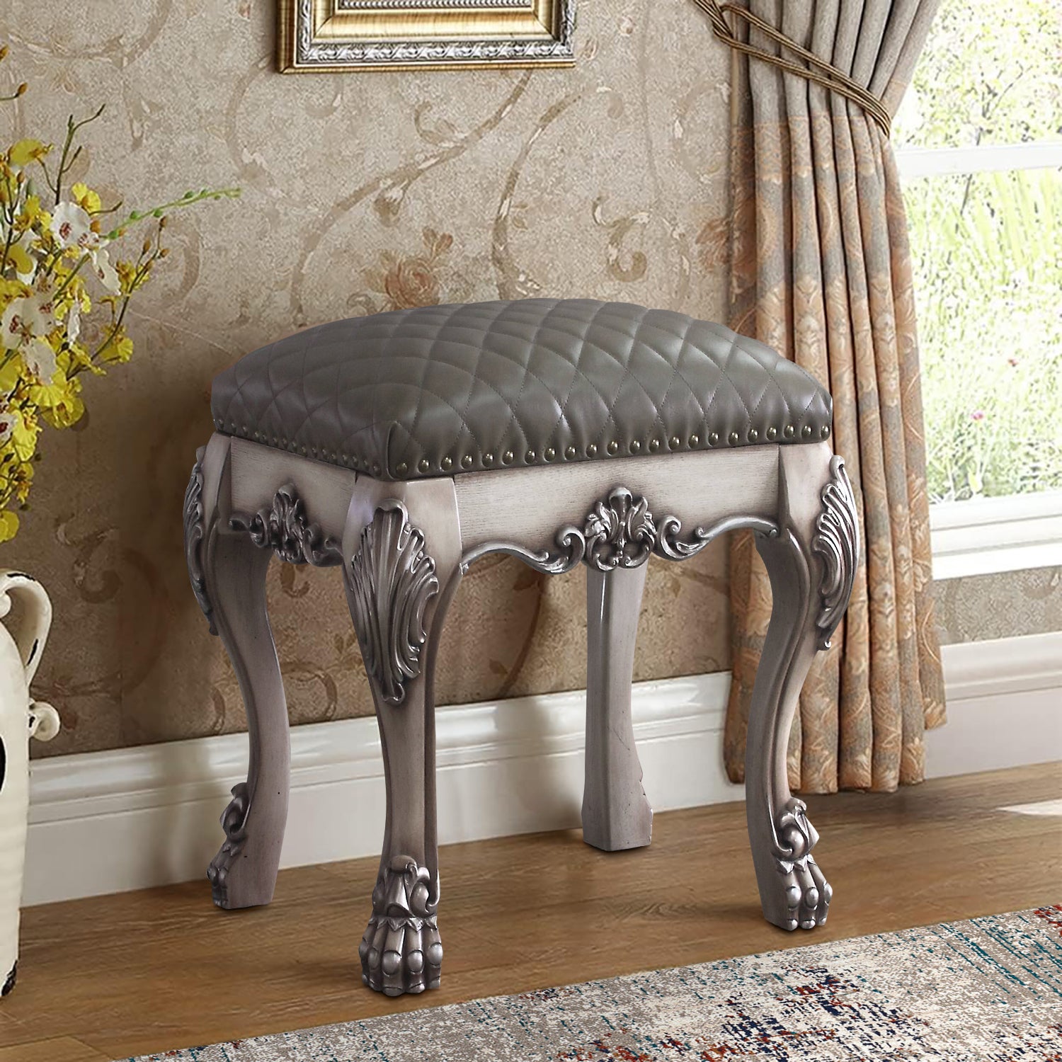 Vintage Grey Tufted Vanity Stool | Bone White Seat