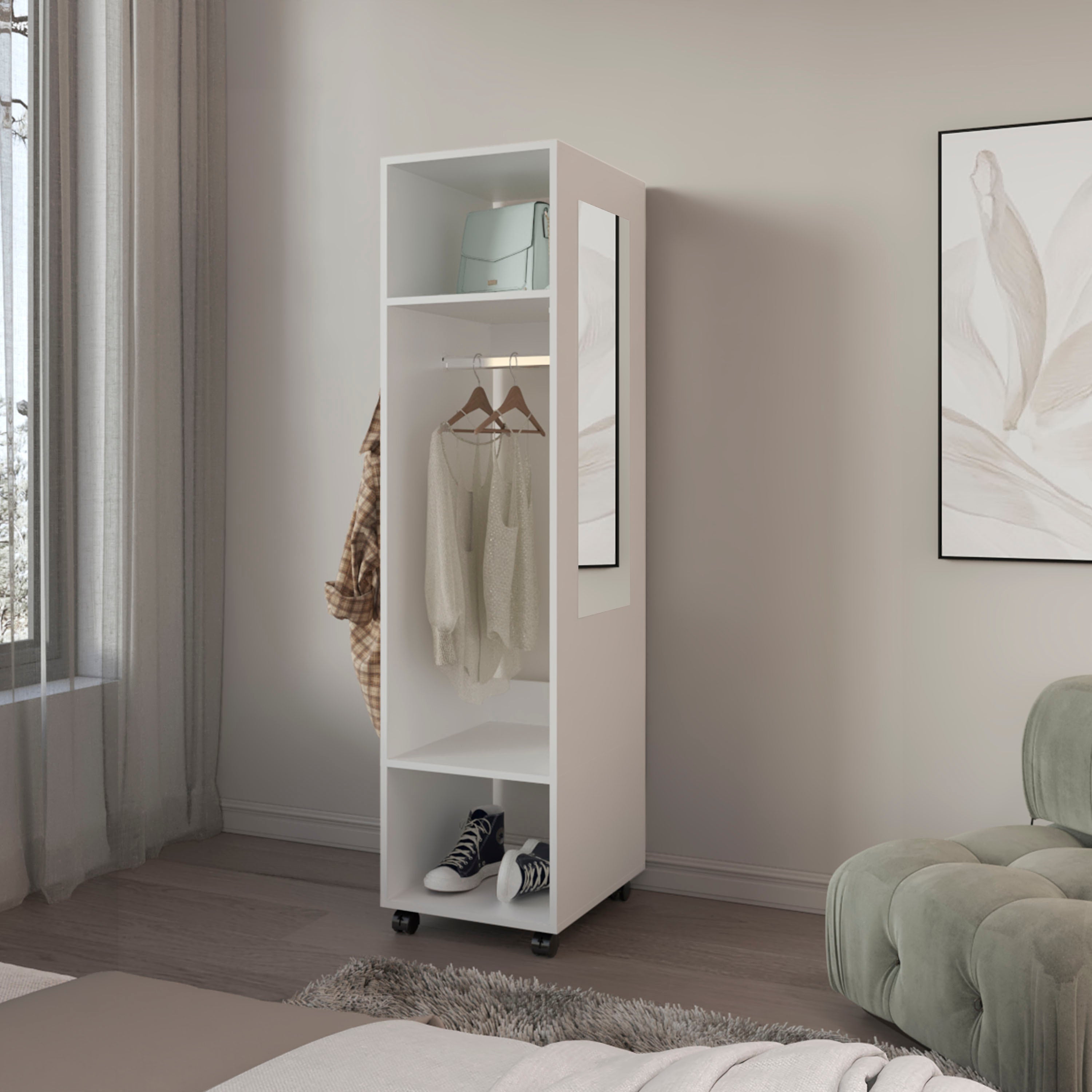 White Armoire 63"H: 3 Shelves, Mirror, Wheels Storage