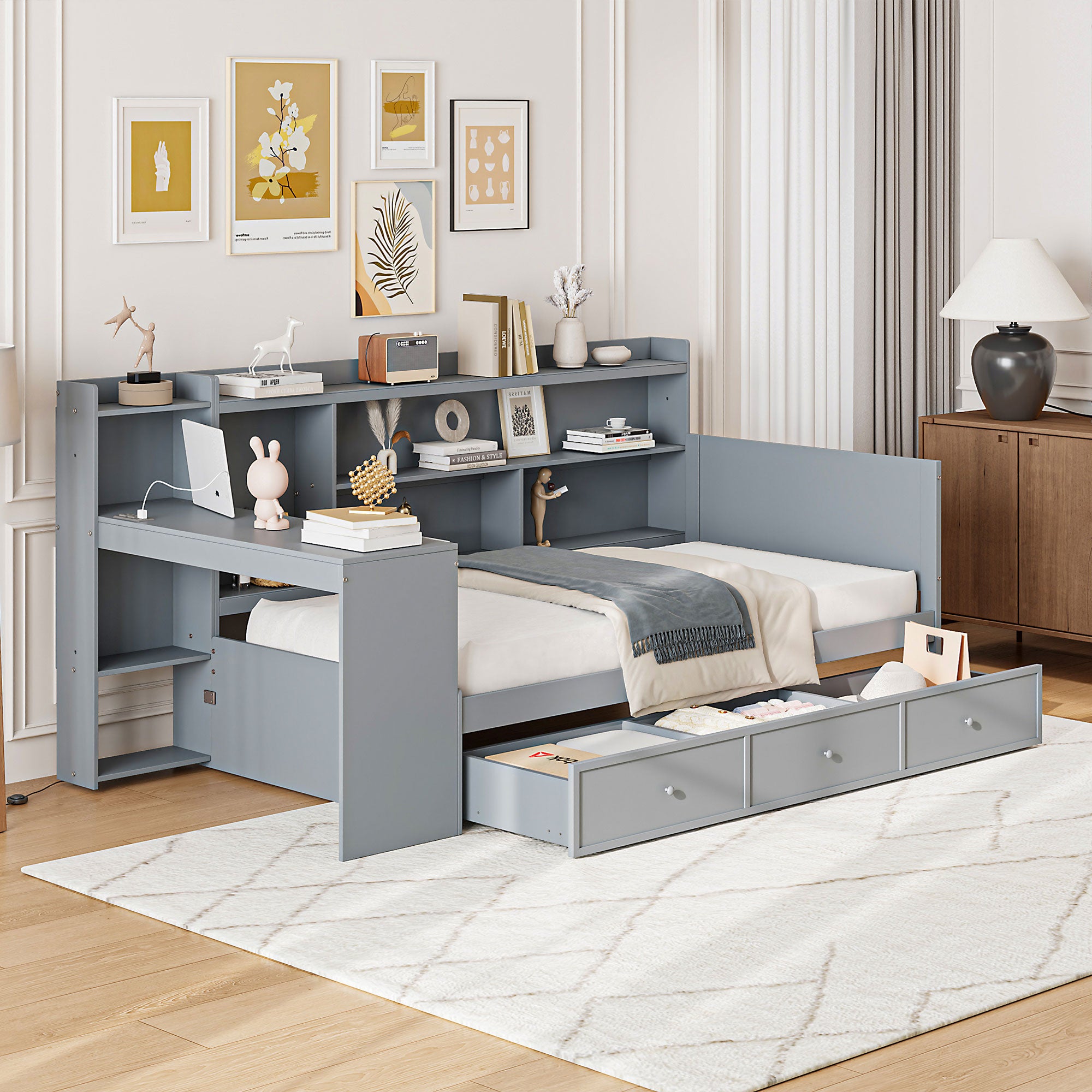 Gray Twin Wooden Daybed with Drawers, USB Ports & Desk