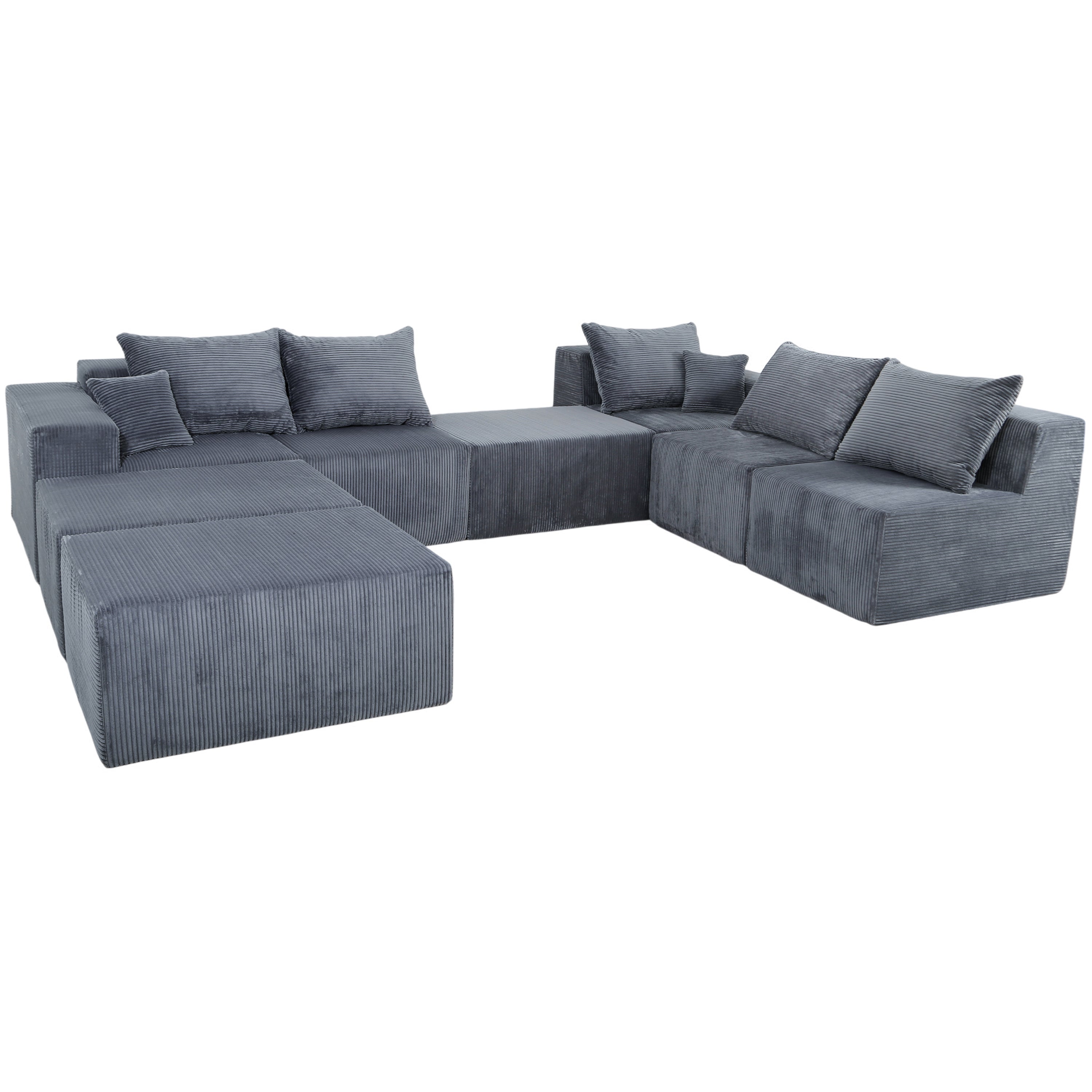 Luxury Modular U-Shaped Sofa with Chaise & Bed, Grey Corduroy