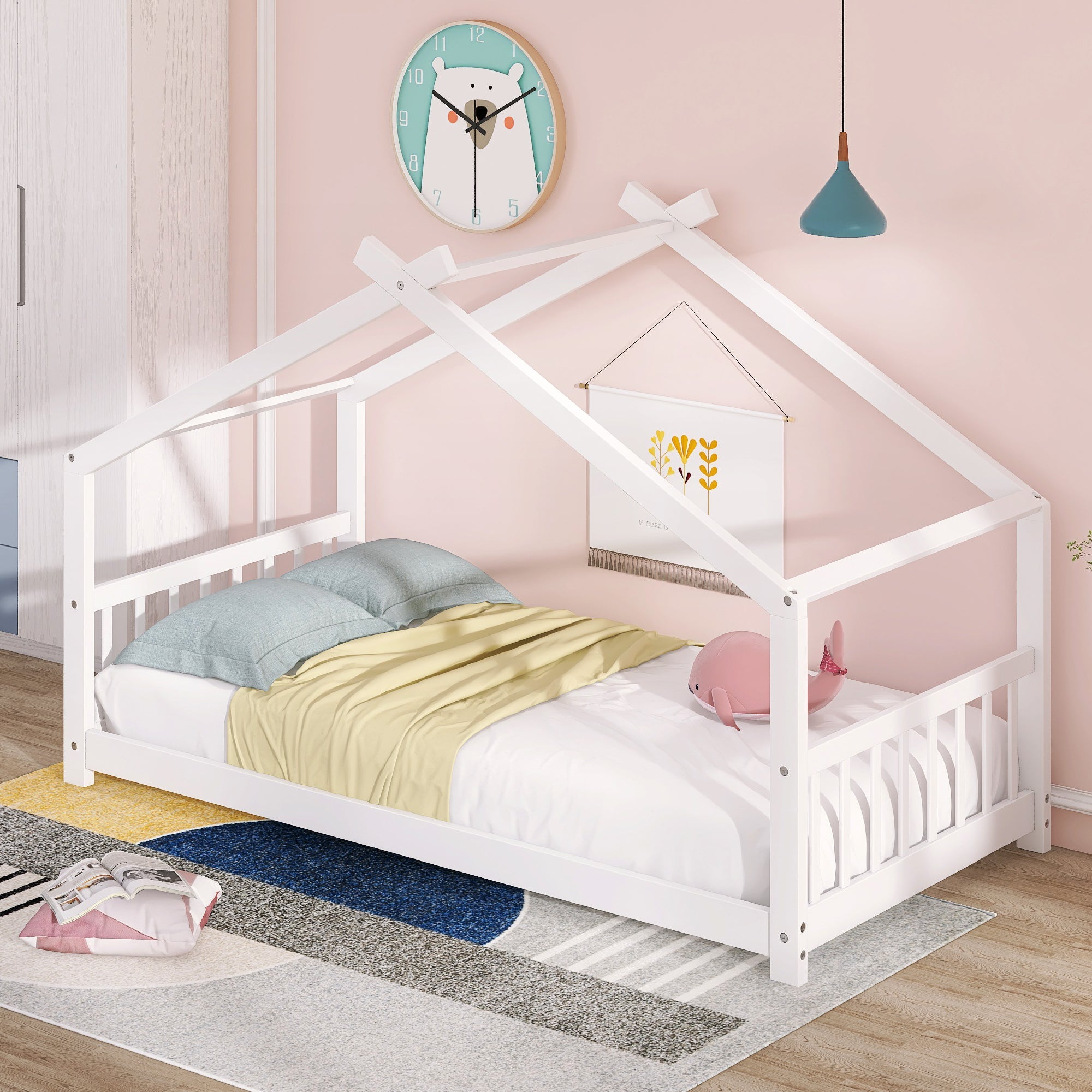 Twin Size White Wood House Bed Frame for Kids Room