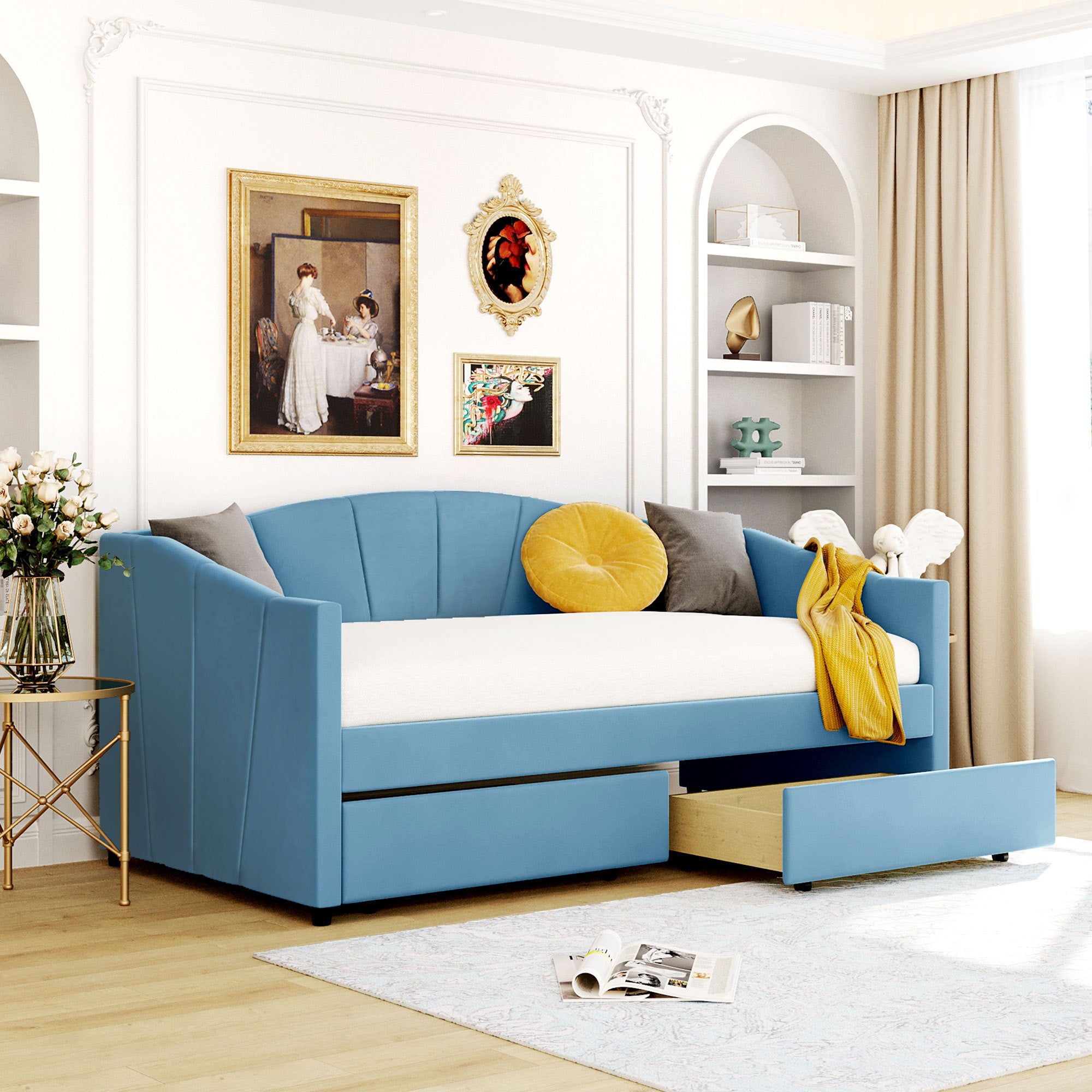 Upholstered Twin Daybed: Blue with 2 Drawers & Wood Slats