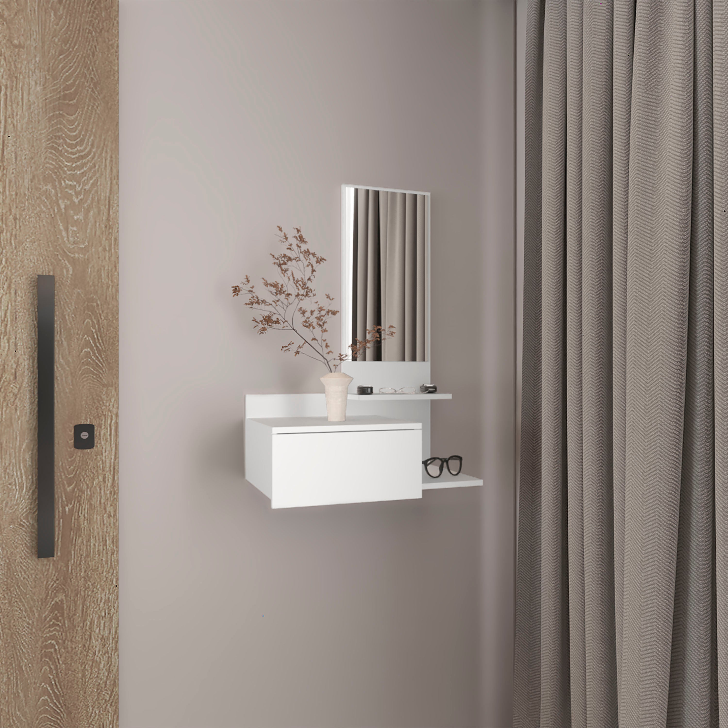 Vienna White Floating Mirror Console Table w/ 3-Tier Shelf, Drawer