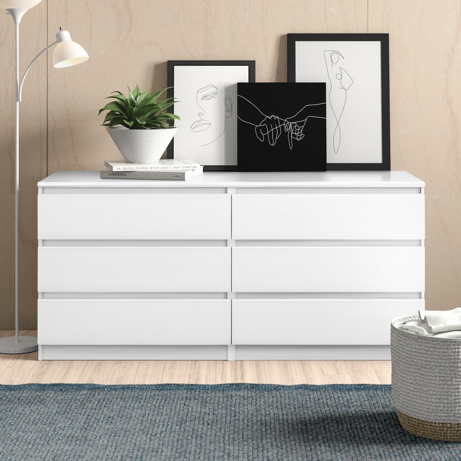 White 6-Drawer Double Dresser for Bedroom & Living Room