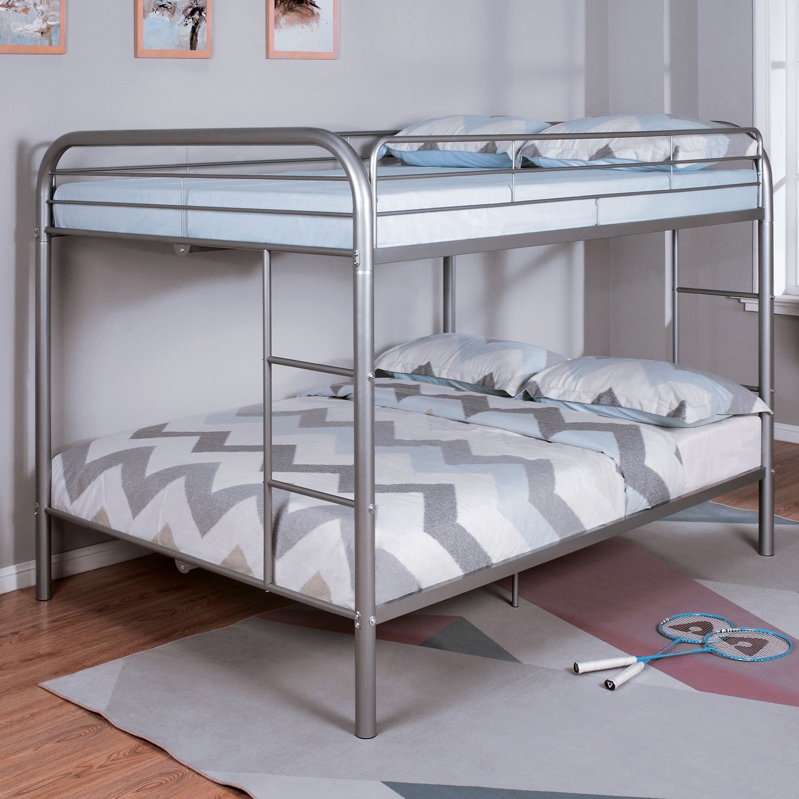 Full Over Full Metal Bunk Bed Contemporary Angled Ladder Silver