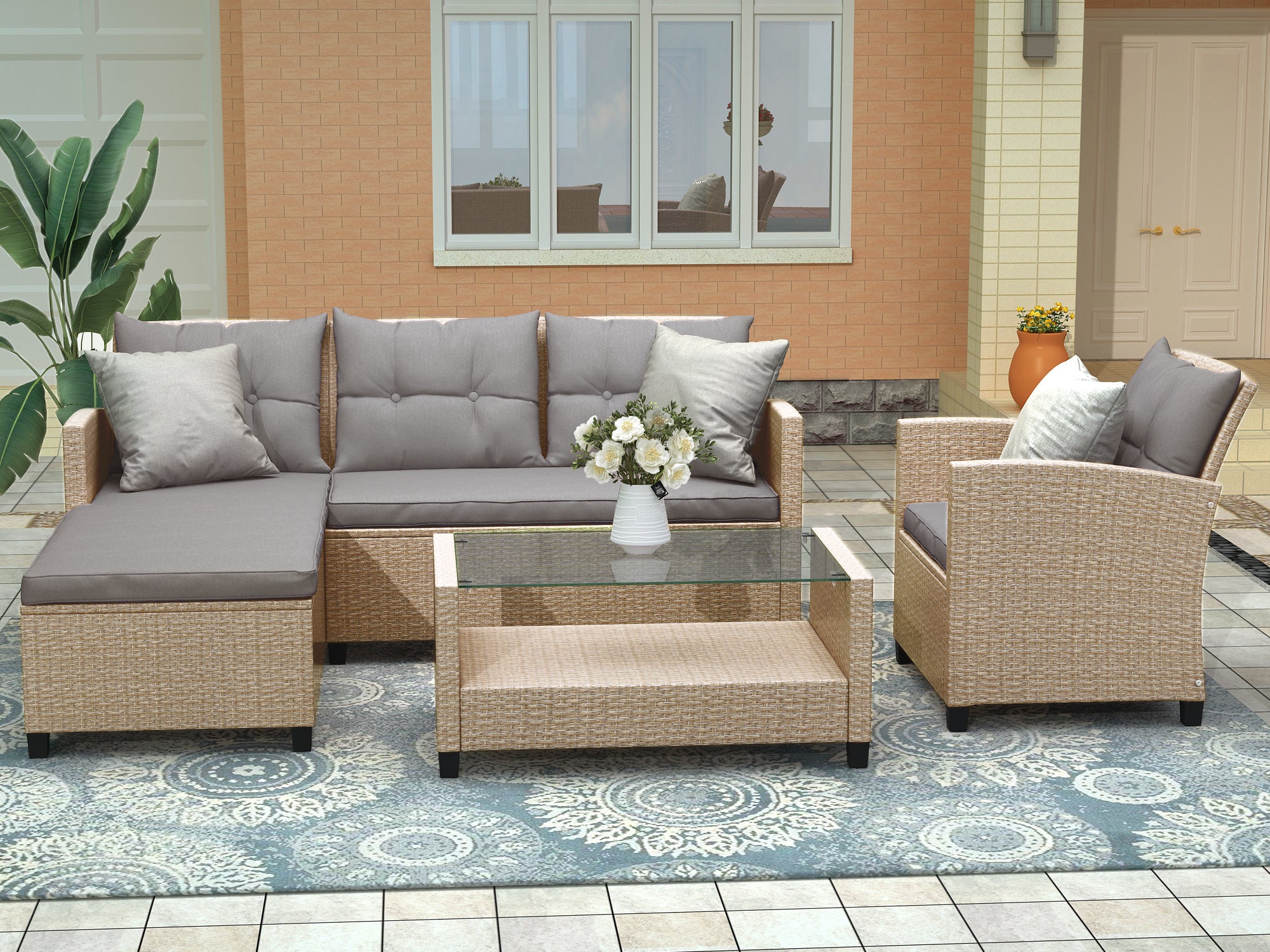 U-Style Outdoor Patio Furniture Sets: 4-Piece Conversation Set Wicker Rattan Sectional Sofa with Seat Cushions in Beige Brown | Ideal for Your Outdoor Space
