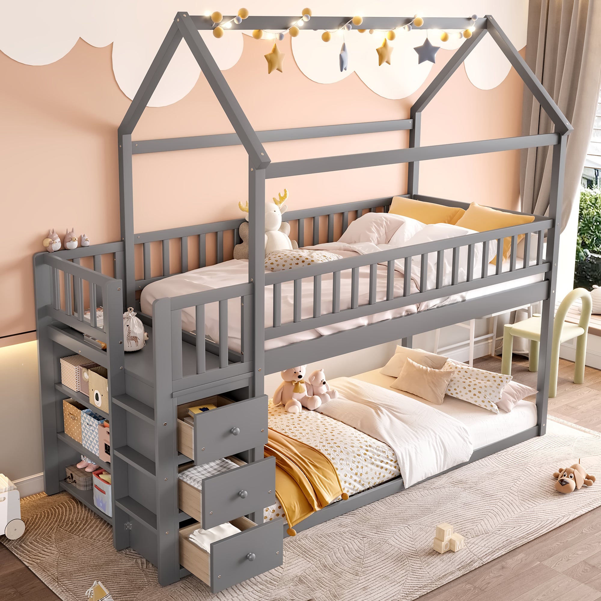 Grey Twin/Twin House Bunk Bed with Shelves & Drawers