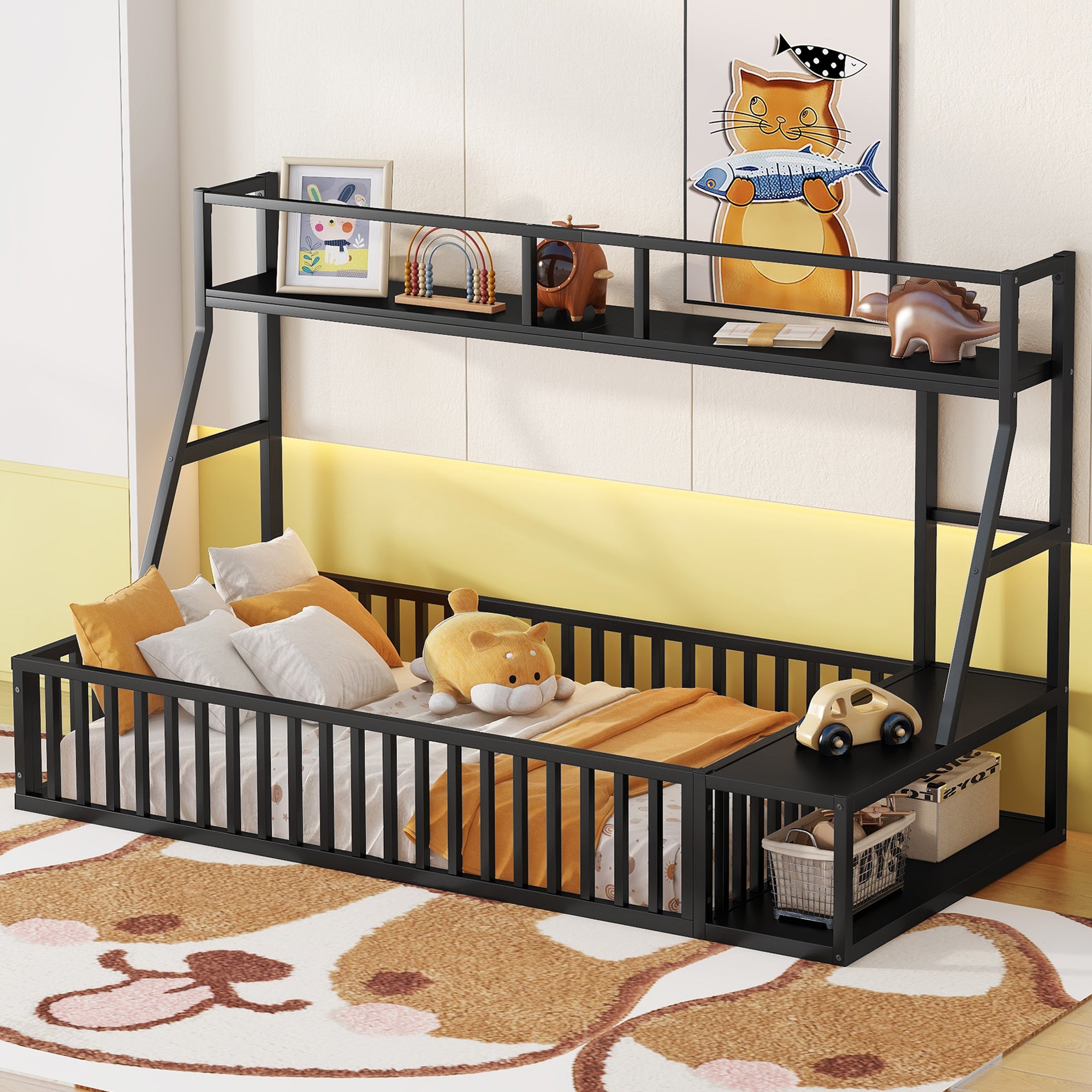 Twin Floor Bed Frame with Safety Fence, Desk, Shelves & Kids Playhouse