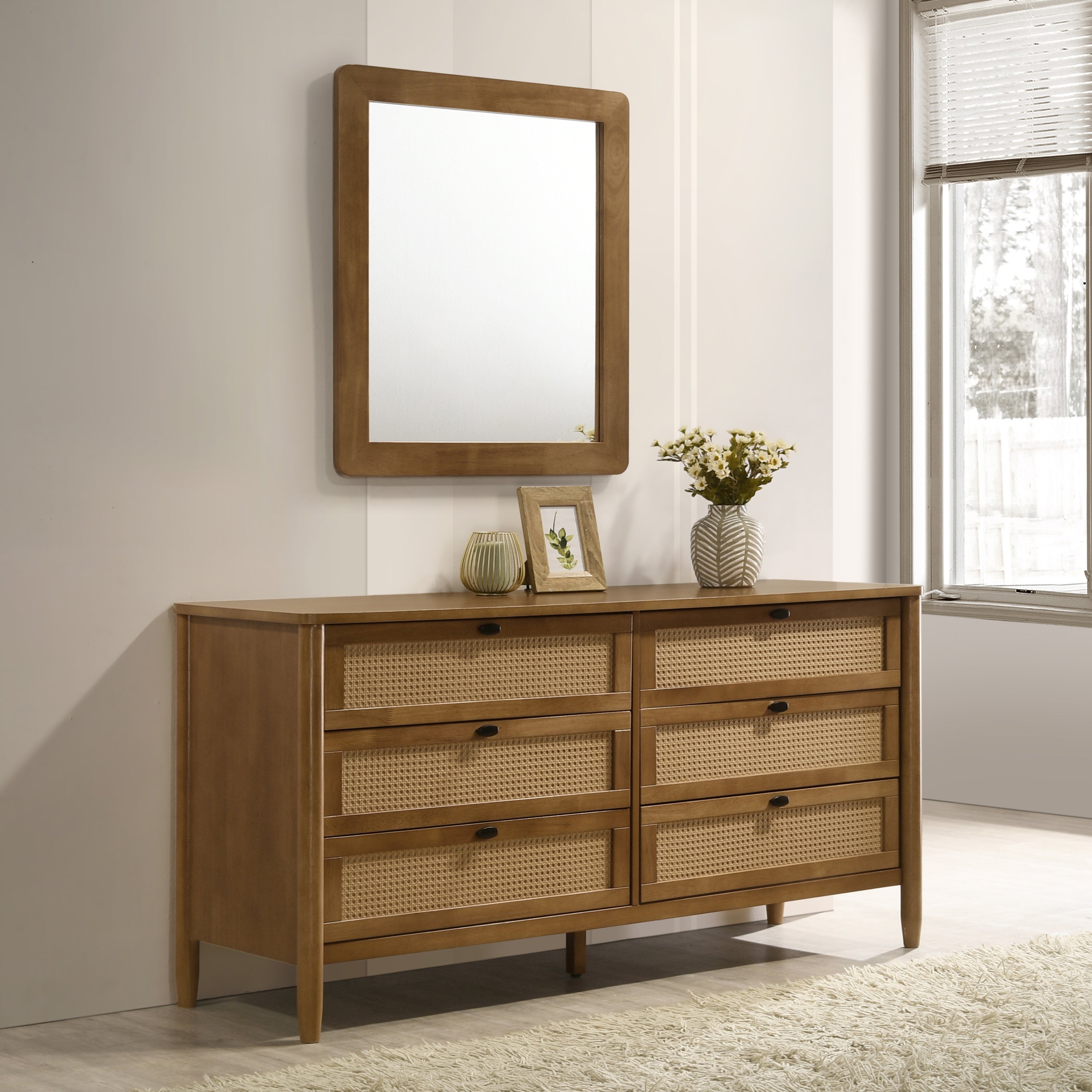 Wood Rattan 6-Drawer Dresser with Mirror