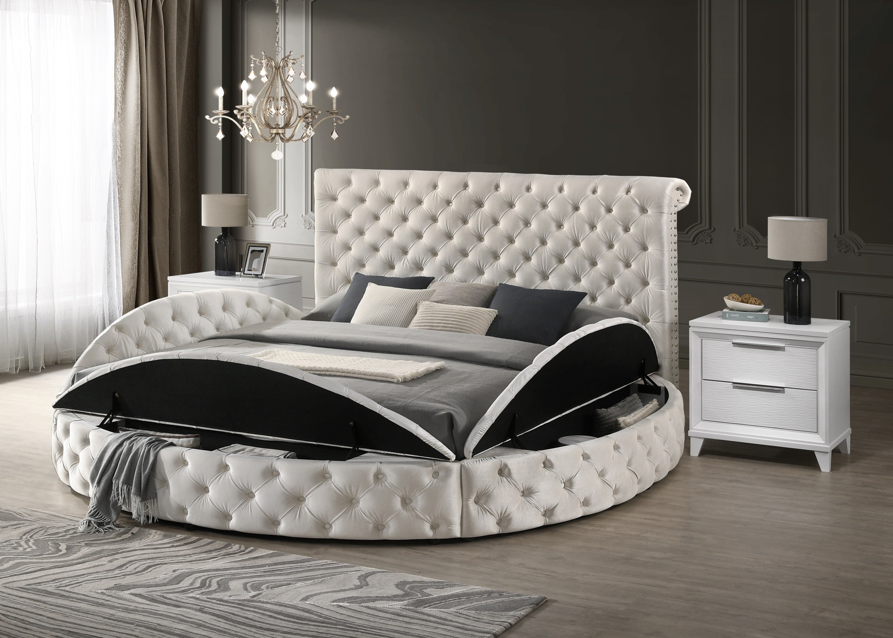 Ivory Velvet Queen Round Tufted Storage Bed & 2 Nightstands