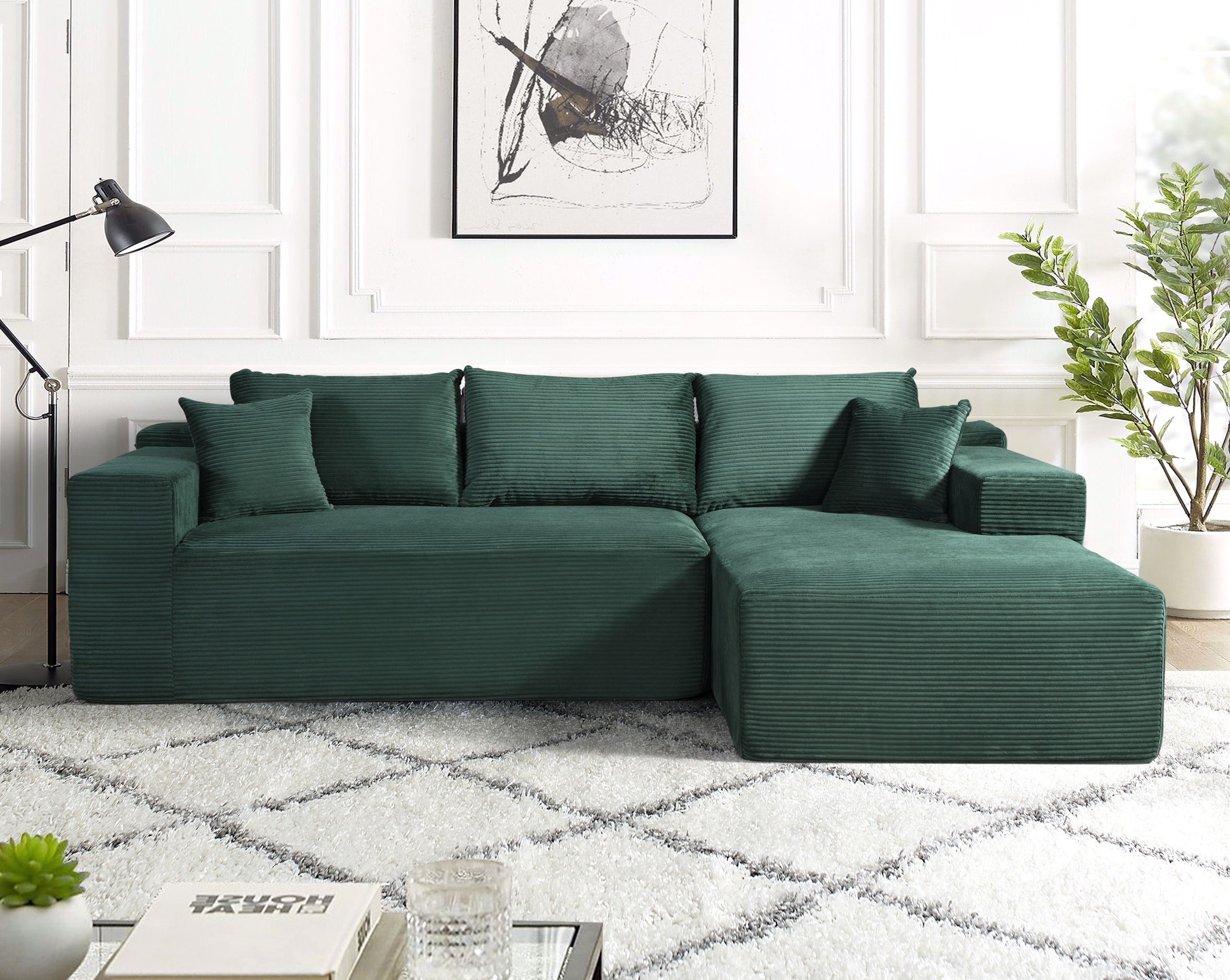 Dark Green Corduroy L-Shaped Sectional Sofa In A Box