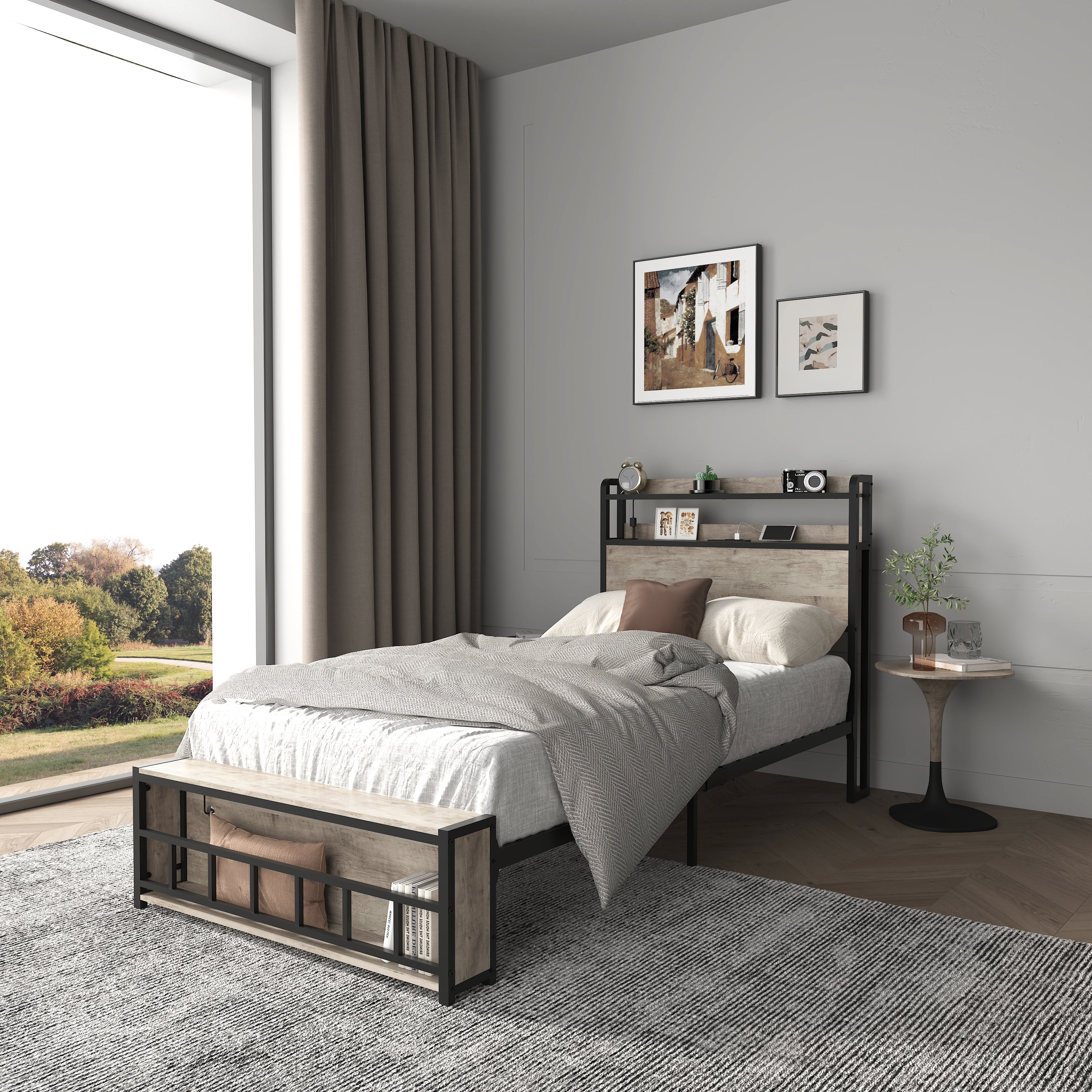 Twin Bed Frame with Headboard, Charging Station & LED Light - No Box Spring