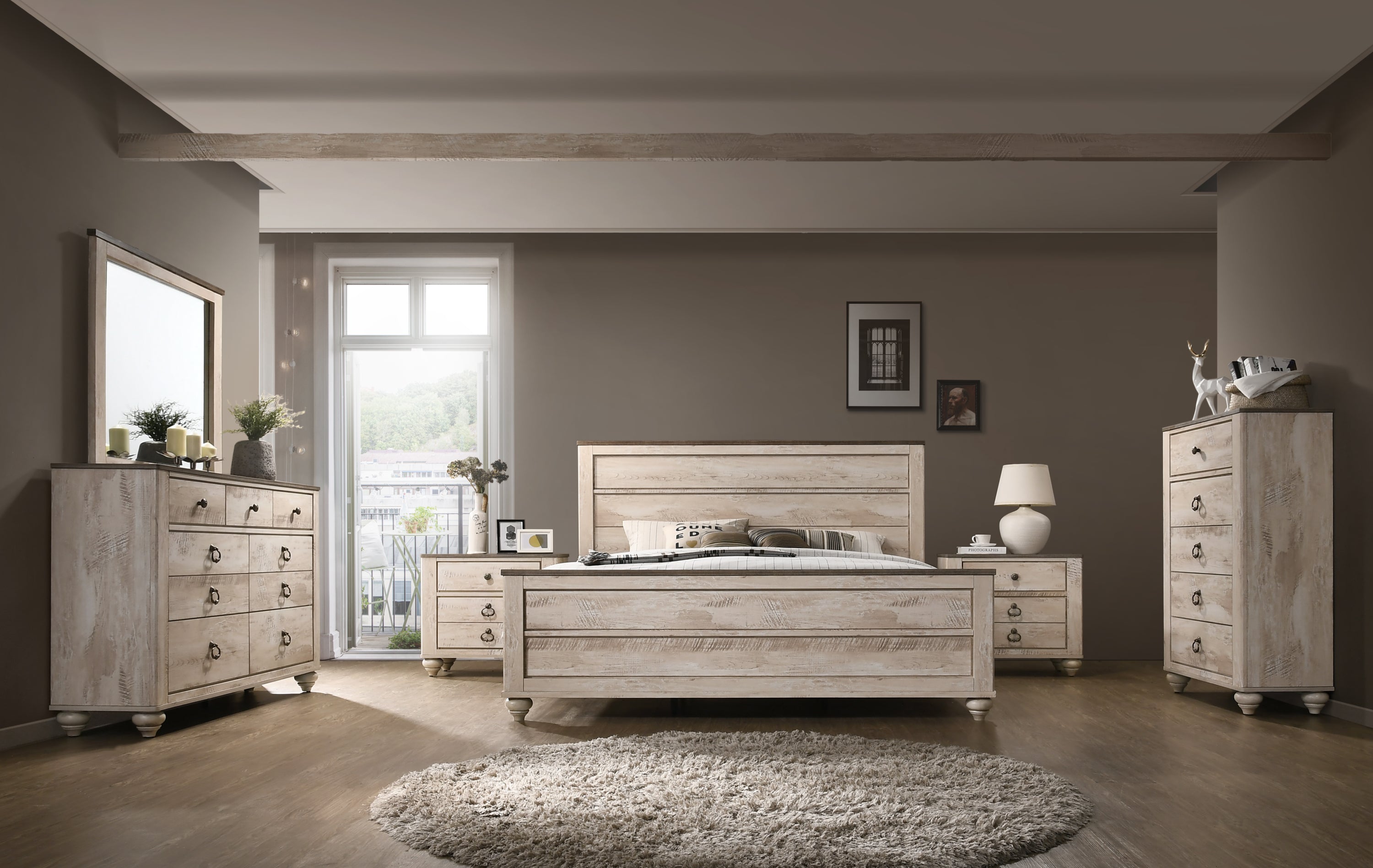 Imerland Contemporary White Wash King 6-Pc Bedroom Set