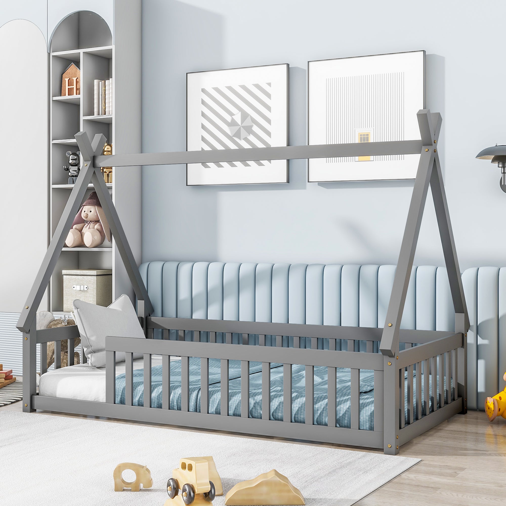 Twin Teepee Bed w/ Guardrails & Slats - Grey
