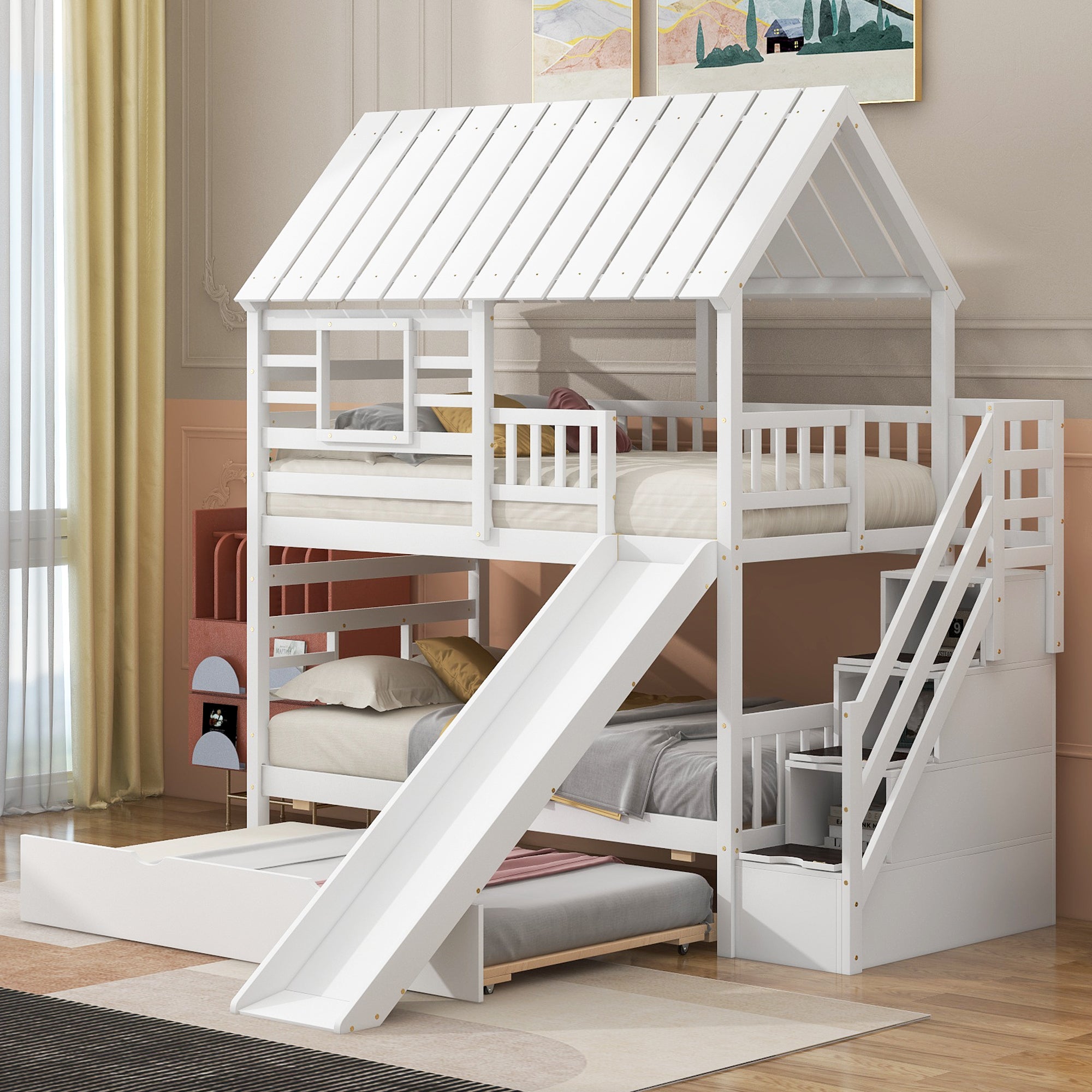 White Twin Over Twin House Bunk Bed w/ Trundle, Slide, Storage Stairs