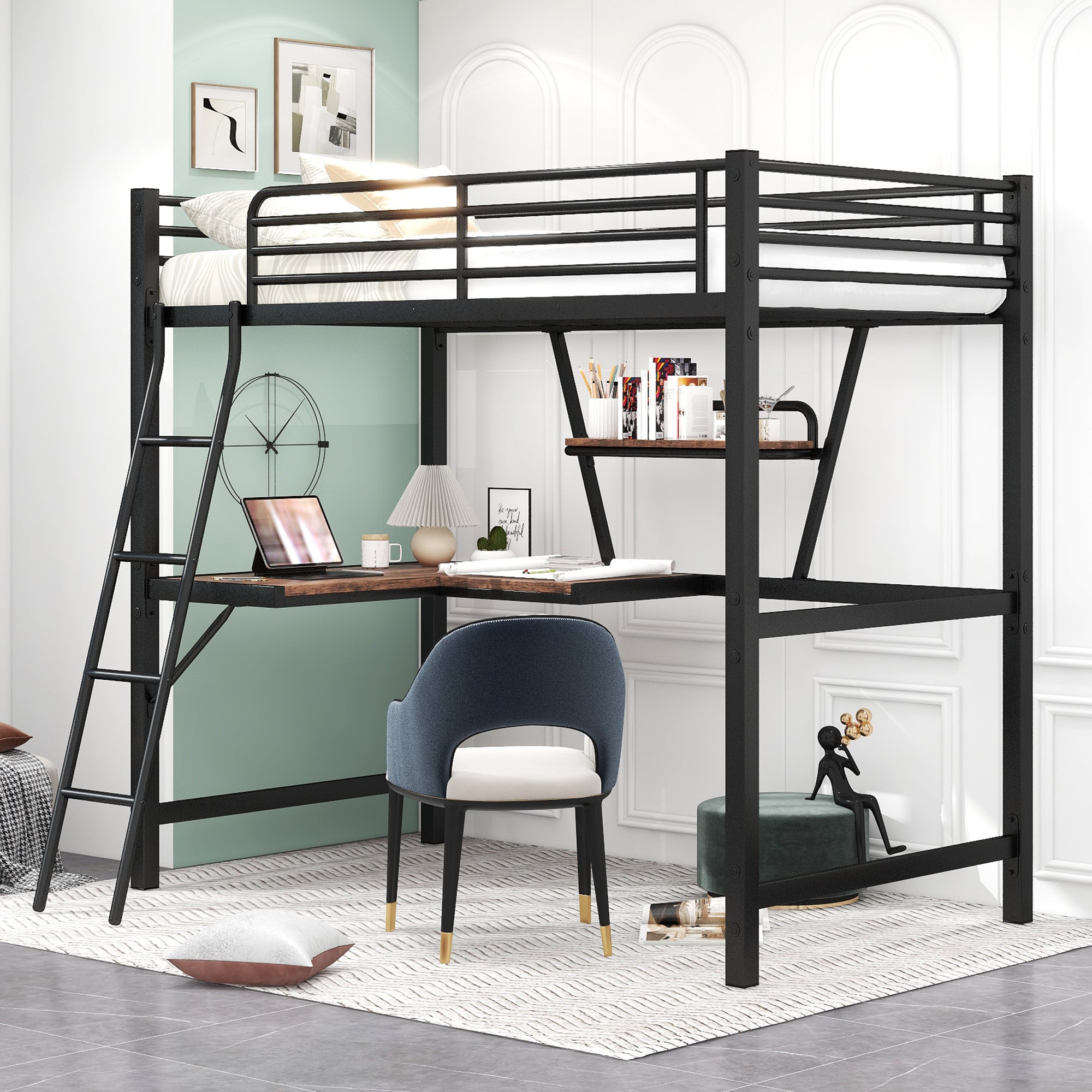 Twin Size Black Loft Bed with Desk and Shelf Storage, Metal & MDF